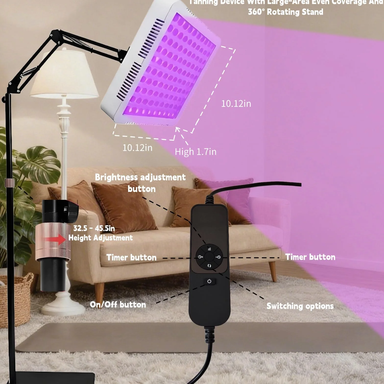 Lampada abbronzante 100 LED 395 nm luce viola testa rotante 360° supporto angolare regolabile timer occhiali