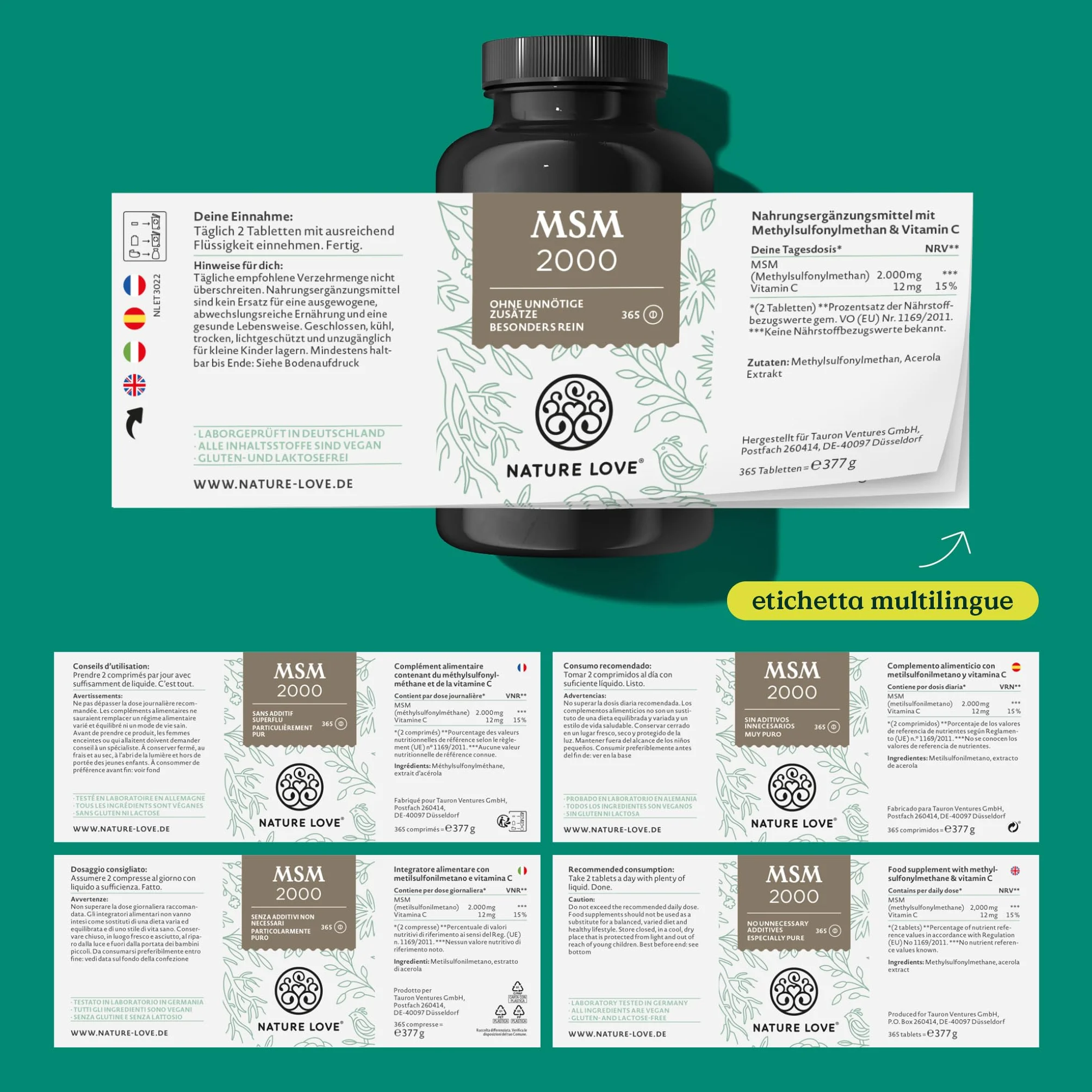 NATURE LOVE® MSM 2000 mg con vitamina C - 365 compresse - Integratore vegano ad alto dosaggio