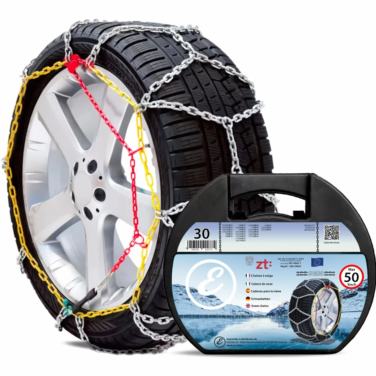 Catene da Neve in Metallo 9 mm Omologate TÜV GS Onorm Montaggio Rapido Tensionatore Autobloccante per Auto SUV Furgoni Misura 30