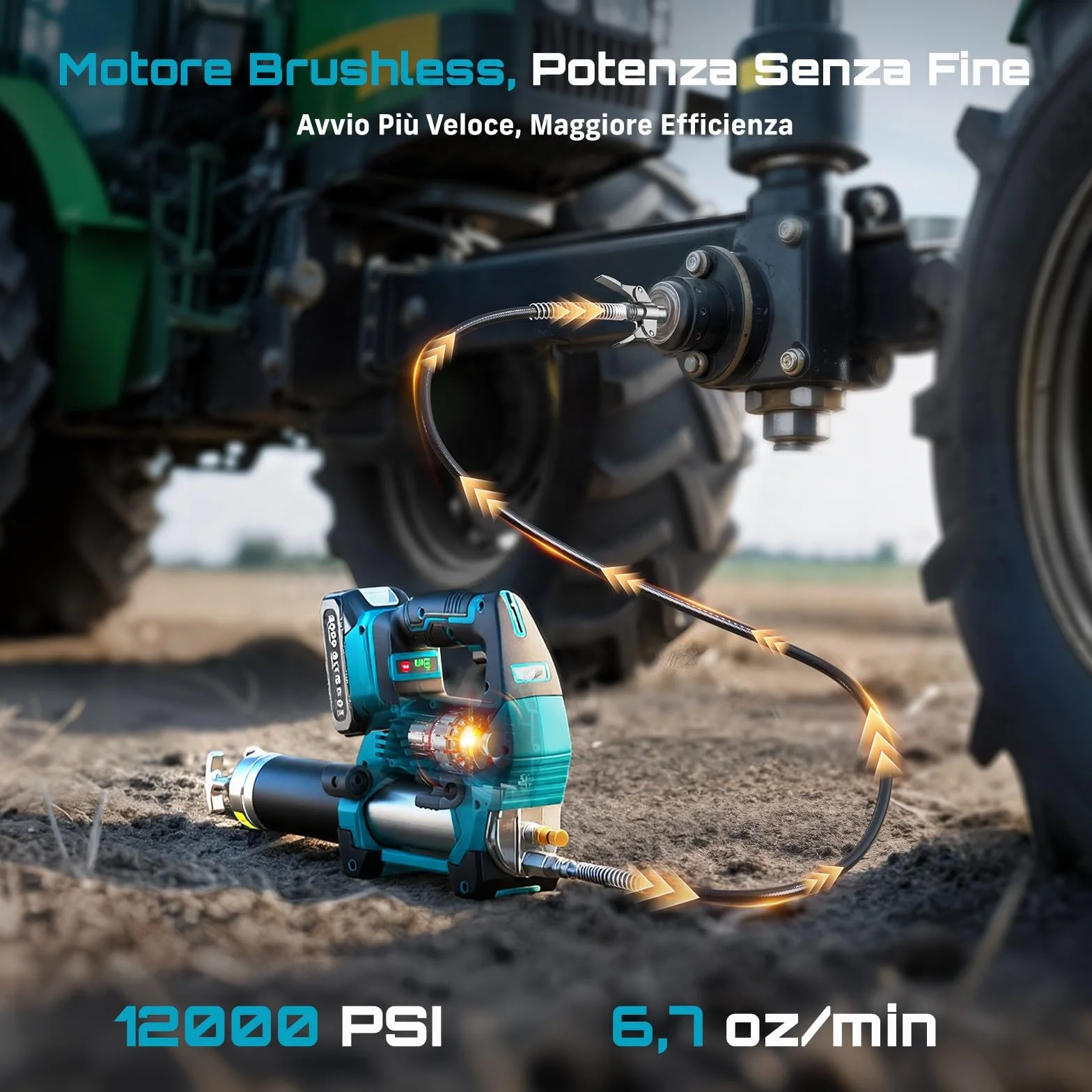 Seesii 12.000PSI Ingrassatore a Batteria con 2 Batterie (compatibili Anche con batterie Makita da 18 V), 3 velocità, Motore Brushless, 3 Testina Ingrassatore, Tubo da 1m, per Attrezzature Pesanti