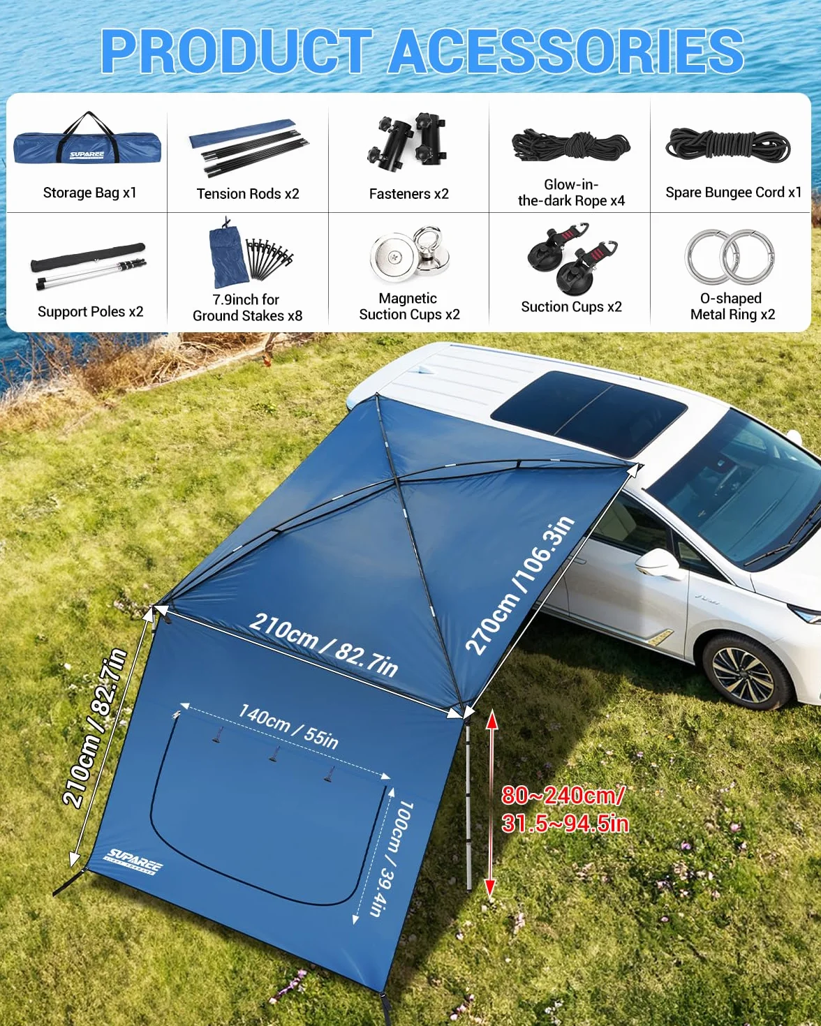 SUPAREE Tenda da Sole per Auto Tendalino Laterale per Auto Tendalino Camper per Parasole con Pali Rimovibile e Finestra con Zanzariera Protezione UV Impermeabile per SUV Camper Furgone Van