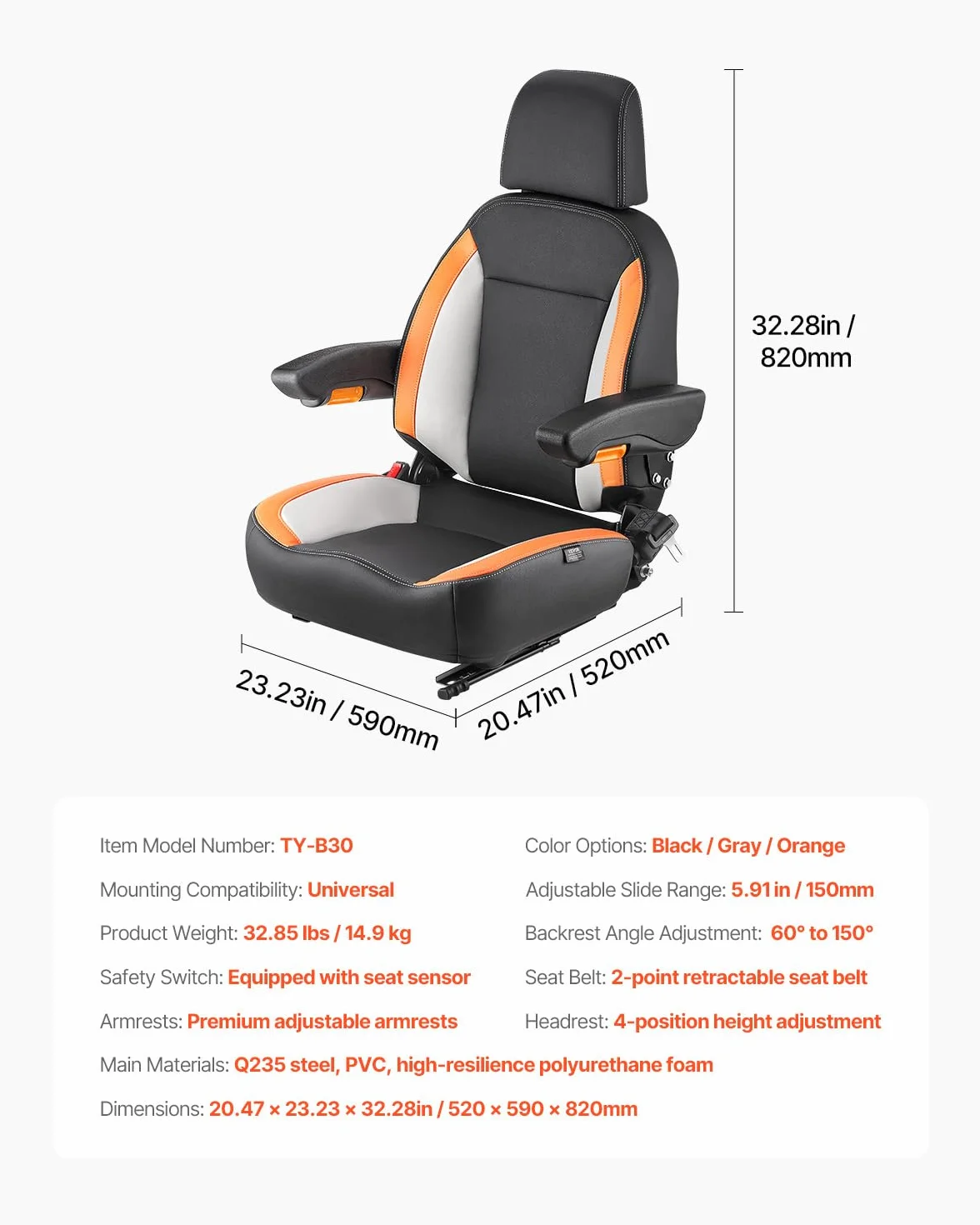 VEVOR Sedile Universale per Carrello Elevatore, con Schienale Regolabile, Bracciolo, Poggiatesta e Cintura di Sicurezza, Sedile Sicuro per Trattore con Microinterruttore, per Tosaerba per Minipale