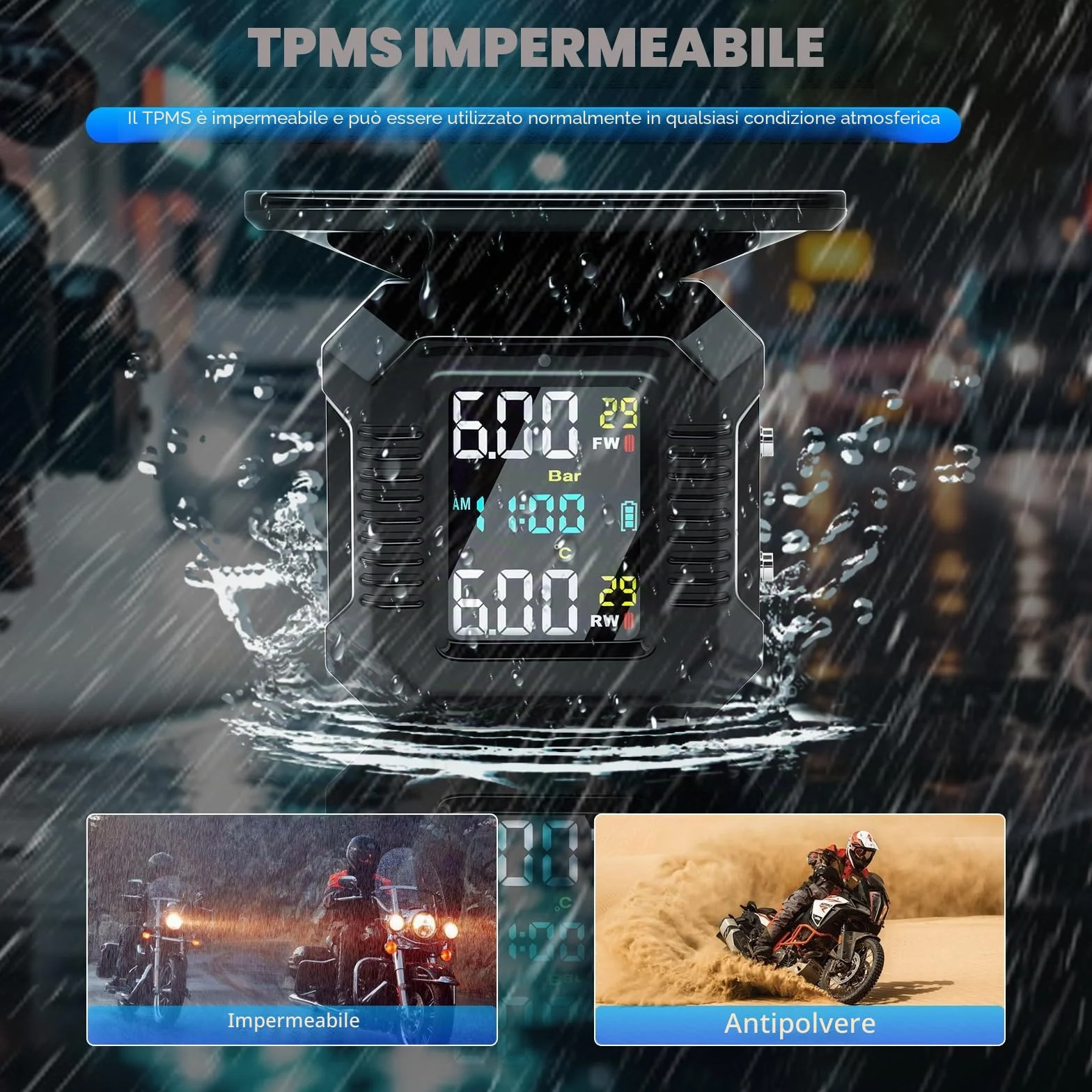 KAOLALI TPMS Moto Wireless Ricarica Solare USB Display LCD 2 Sensori Esterni Impermeabili