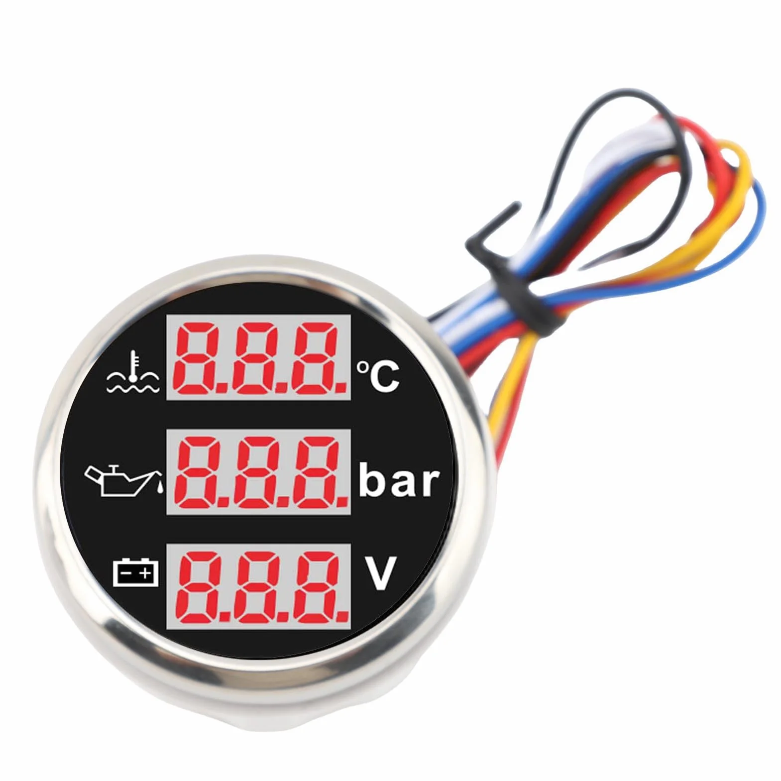 Kit sensore strumento 3 in 1 Temperatura liquido di raffreddamento motore Misuratore di pressione olio Voltmetro batteria Auto Barca 52mm Display digitale retroilluminato (Copertura argentata con