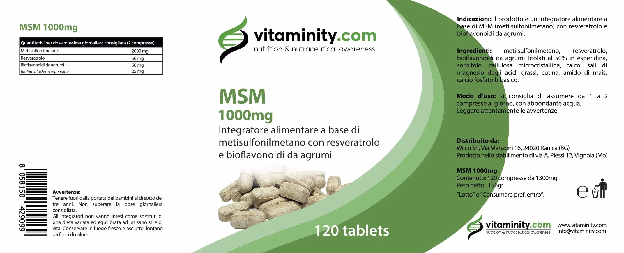 Vitaminity MSM 1000mg Integratore Alimentare Antiossidante per Capelli Pelle Articolazioni 120 Compresse