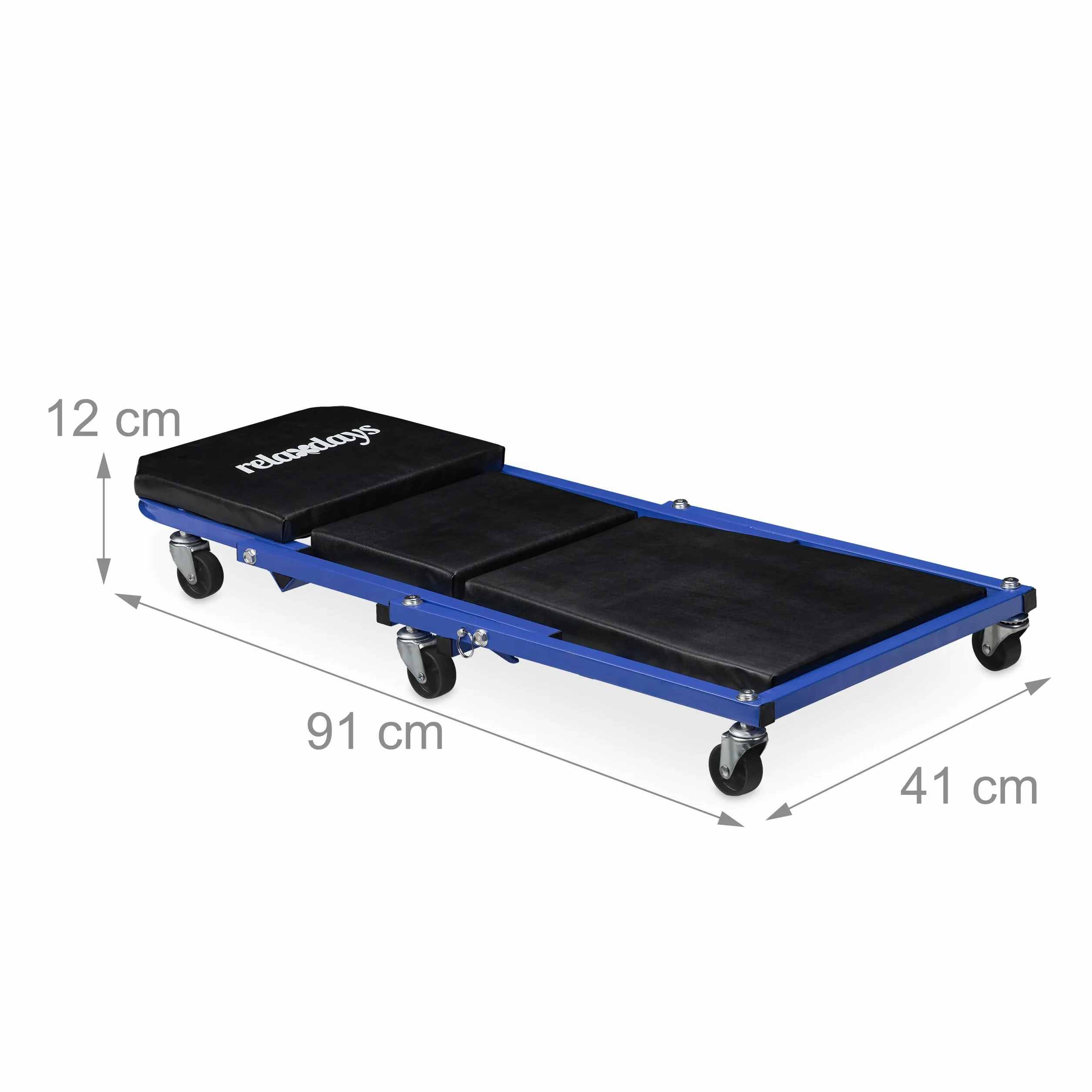 Relaxdays Sgabello Officina Pieghevole con Ruote 360° 150 kg Acciaio Nero Blu