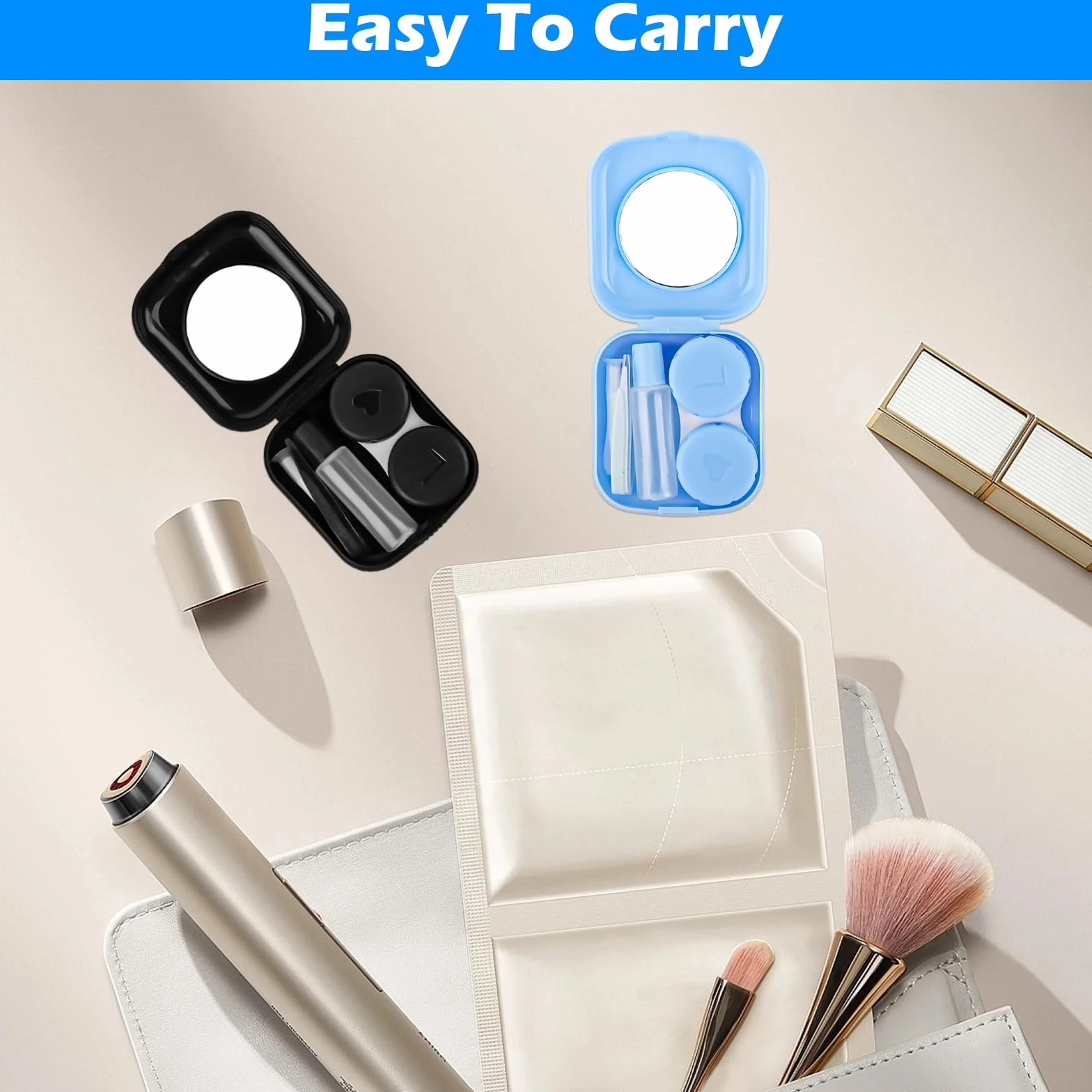 Custodia per Lenti a Contatto con Specchio 2 Pezzi, Porta Lenti a Contatto da Viaggio Igienica Nero e Blu