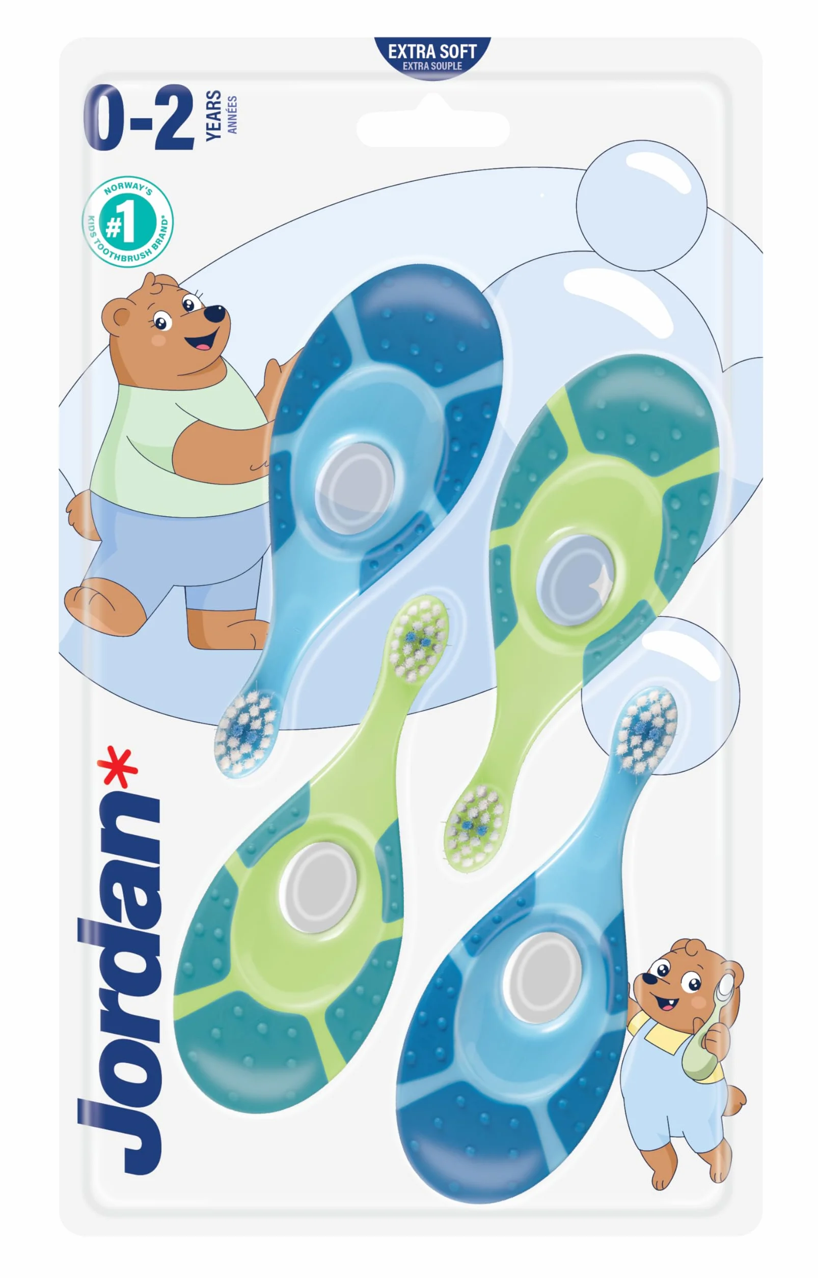 Jordan Step 1 Spazzolino da denti Bambini 0-2 anni Setole morbide senza BPA Confezione 4 unità Blu Verde
