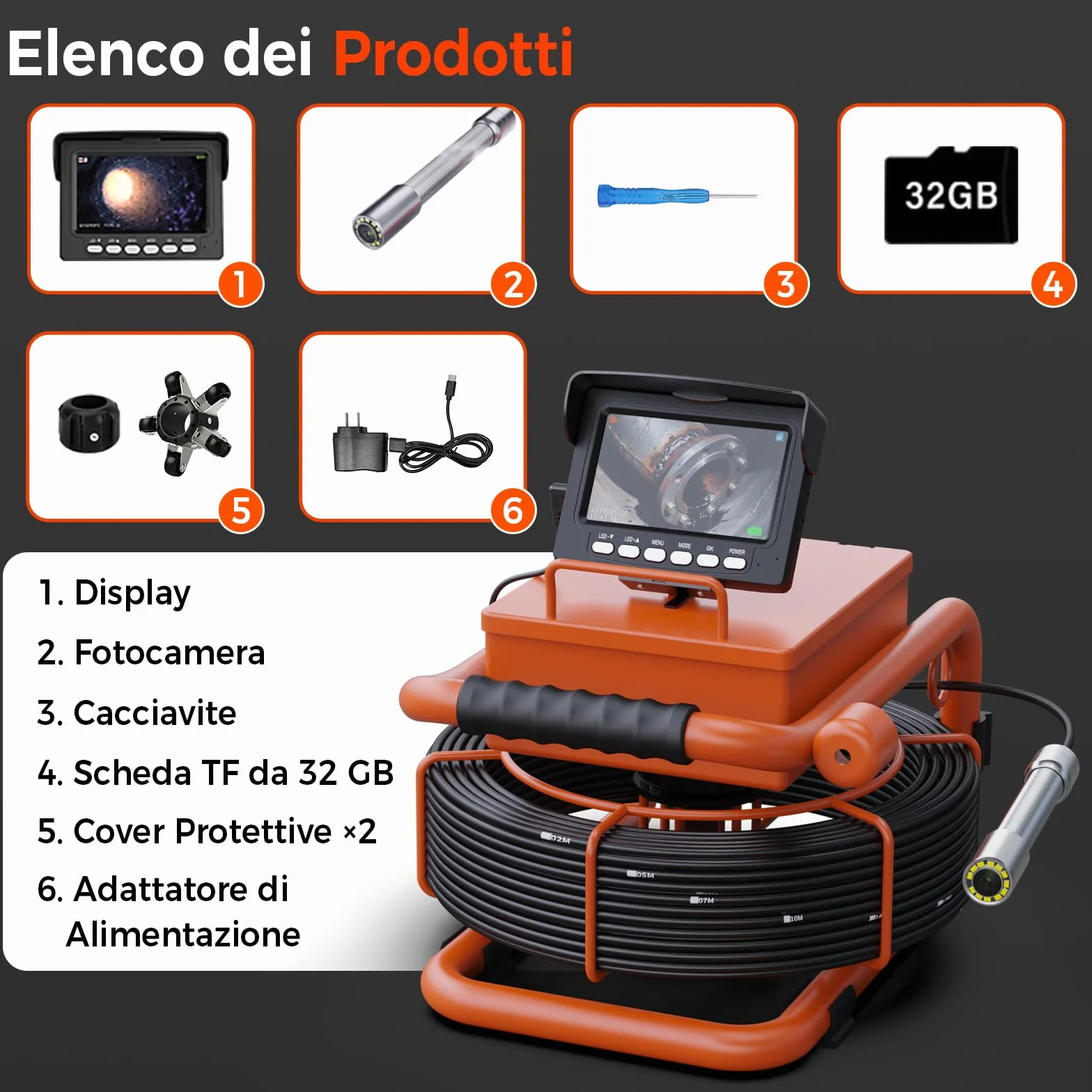Telecamera di Ispezione 30m con DVR, Scheda 32GB, Batteria 5600 mAh, 12 LED