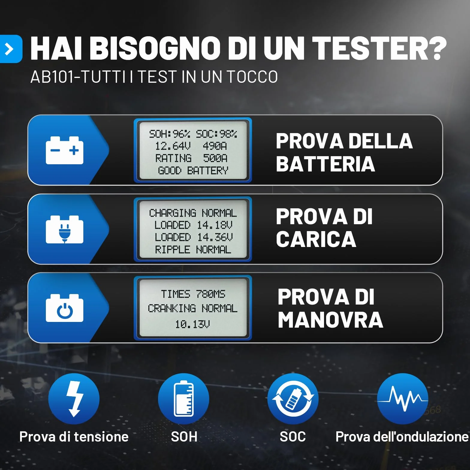 TOPDON ArtiBattery AB101 Tester Batteria 12V Analizzatore Digitale 100-2000 CCA Alternatore Strumento di Scansione Sistema di Avviamento e Ricarica per Auto SUV e Camion Leggeri