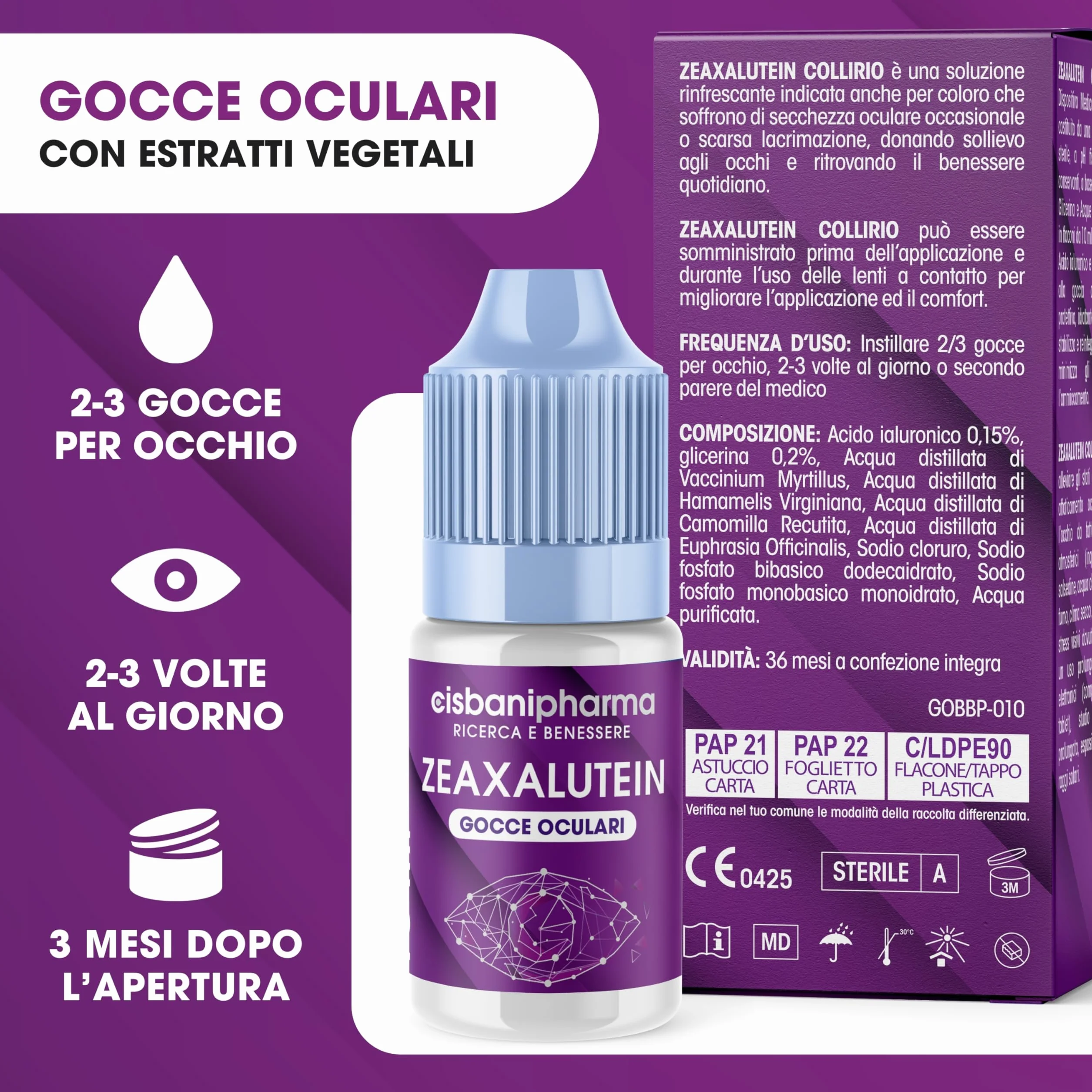 CISBANI PHARMA Collirio Idratante per Occhi Secchi 10 ml con Acido Ialuronico, Camomilla e Mirtillo - Zeaxalutein