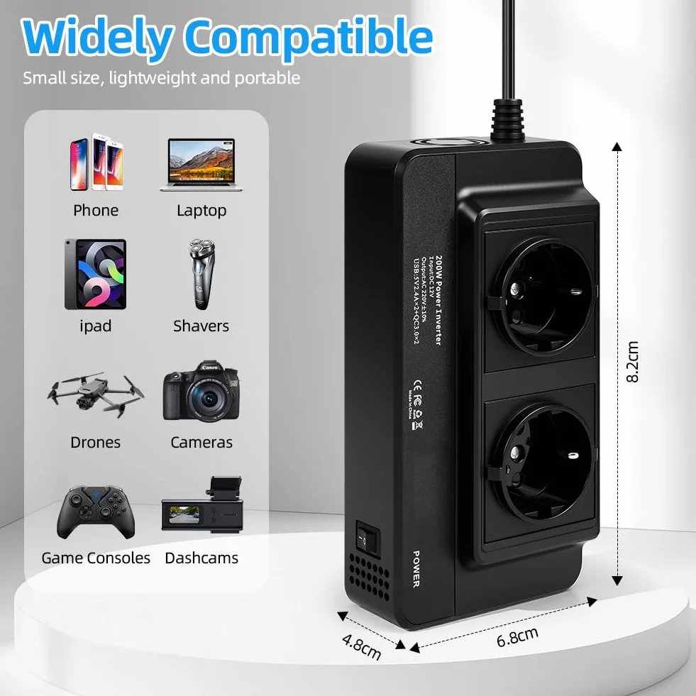 Inverter Auto 12V-220V 200W Convertitore di Tensione con 2 Prese CA e 4 Porte USB Display Digitale