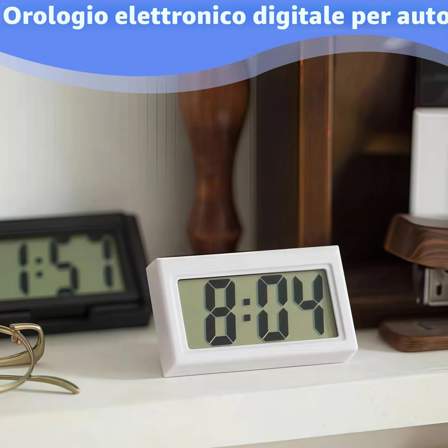 Mini Orologio Digitale da Auto LCD Elettronico, 2 Pezzi Bianco e Nero