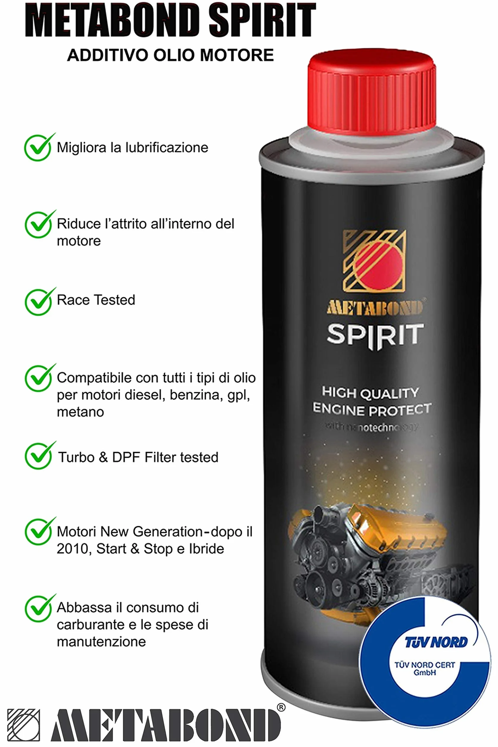 SPIRIT additivo olio motore per auto ibride, Start & Stop, racing, benzina, diesel, GPL, metano (250 ml)