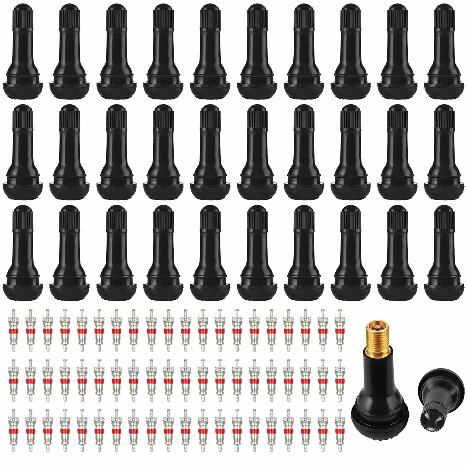 TR414 Valvole in Gomma Snap-in 30 Pezzi + 60 Pezzi Nuclei Valvola Auto Tubeless Valvola pneumatici Nero