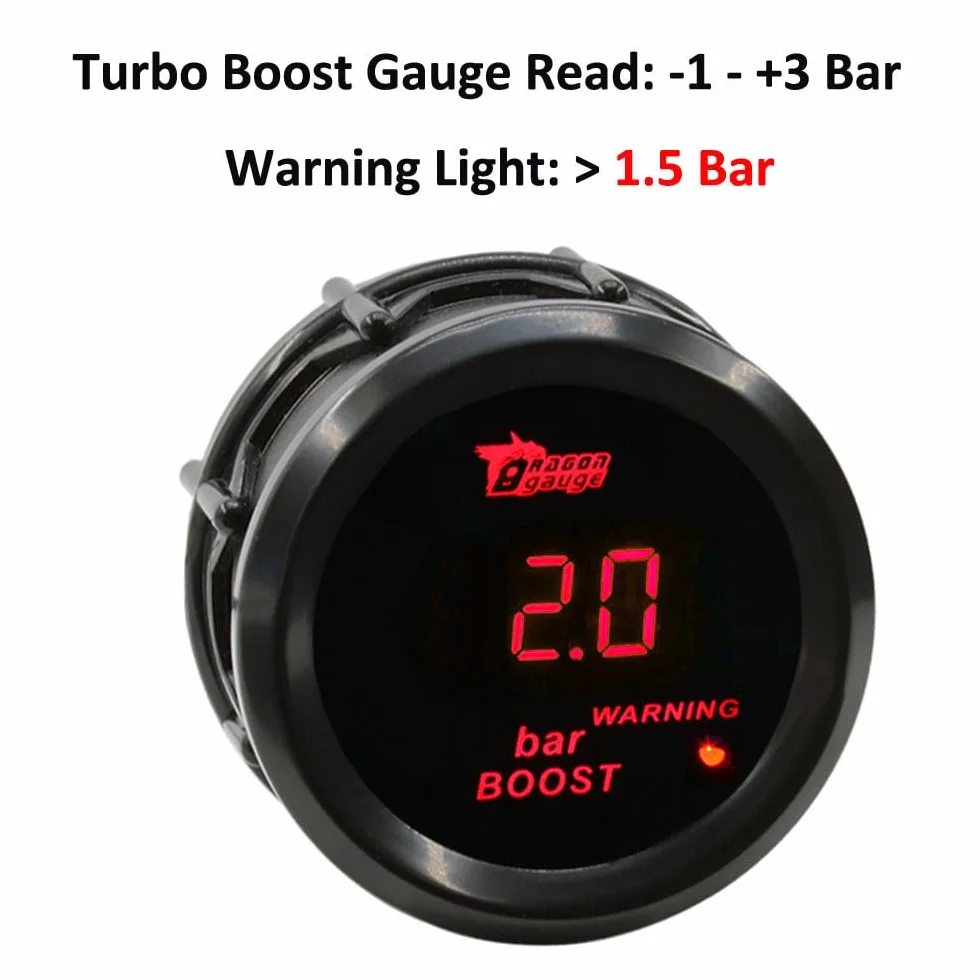Manometro Turbo Boost 2" 52mm Indicatore Calibro per Auto Bar Luce Rosso Digitale Strumento Misuratore Pressione con Sensore