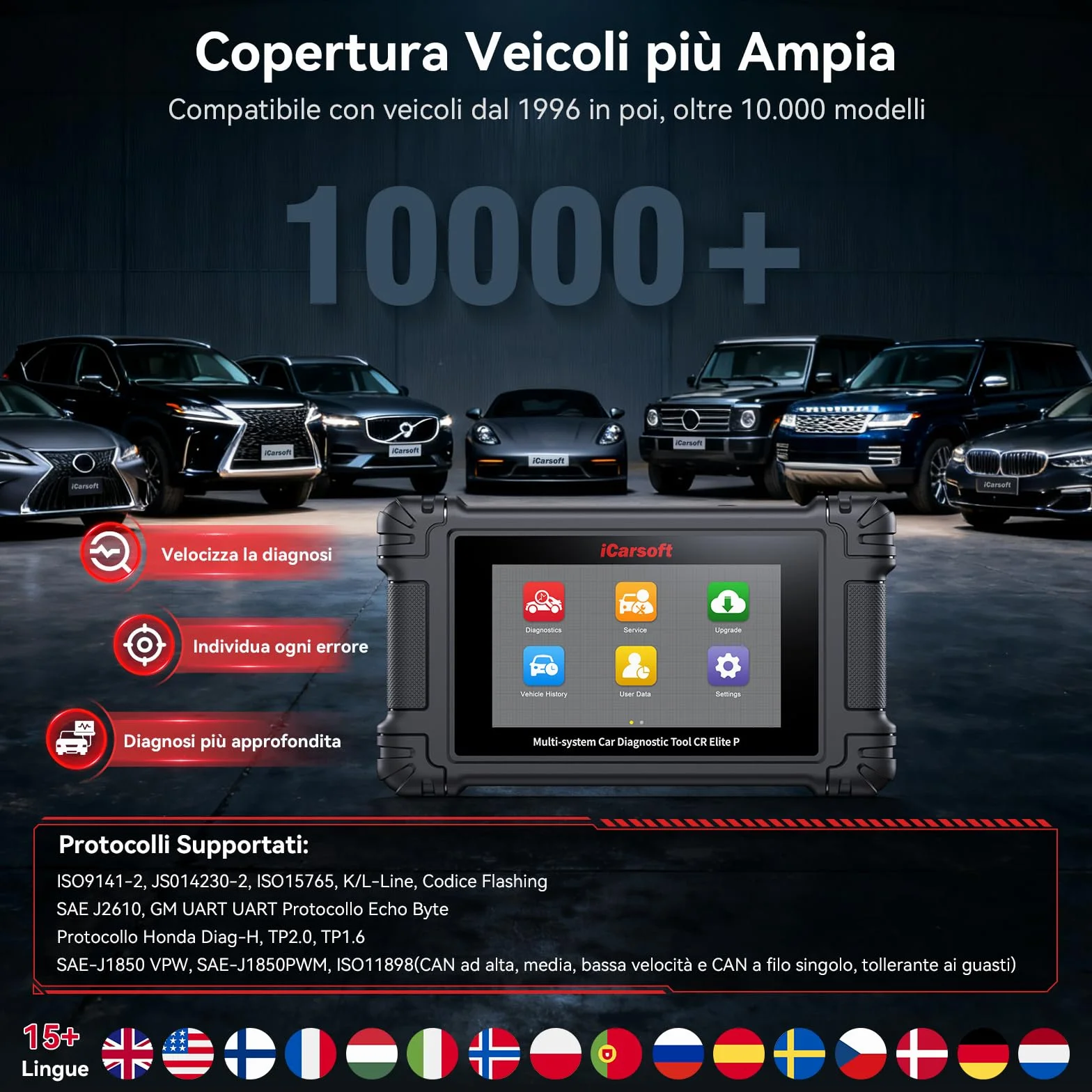 iCarsoft CR Elite P Auto Diagnostica Bidirezionale 49 Funzioni Reset Lettore Codice Test Batteria VIN Automatico