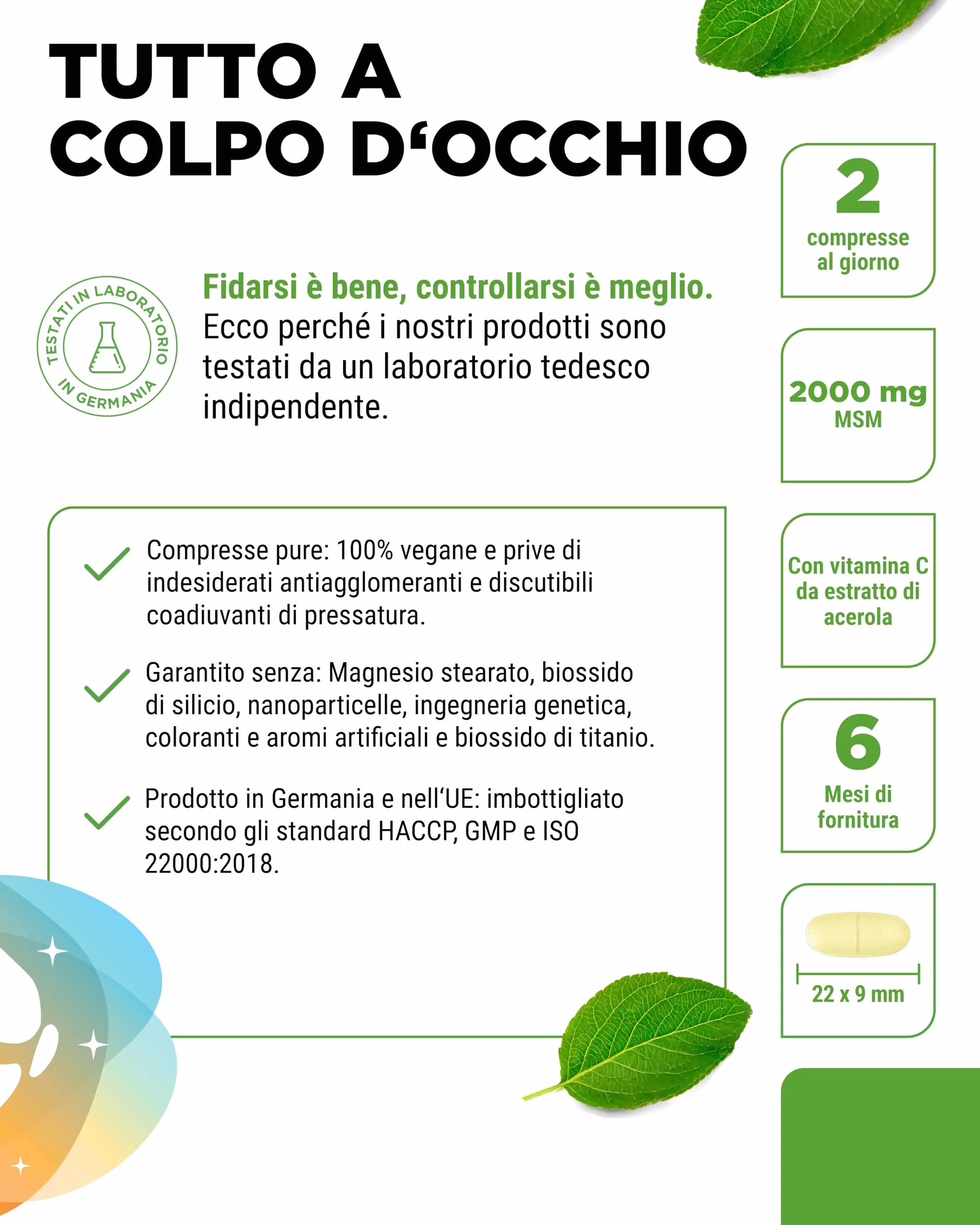 MSM 2000mg 365 compresse con vitamina C naturale da acerola vegan