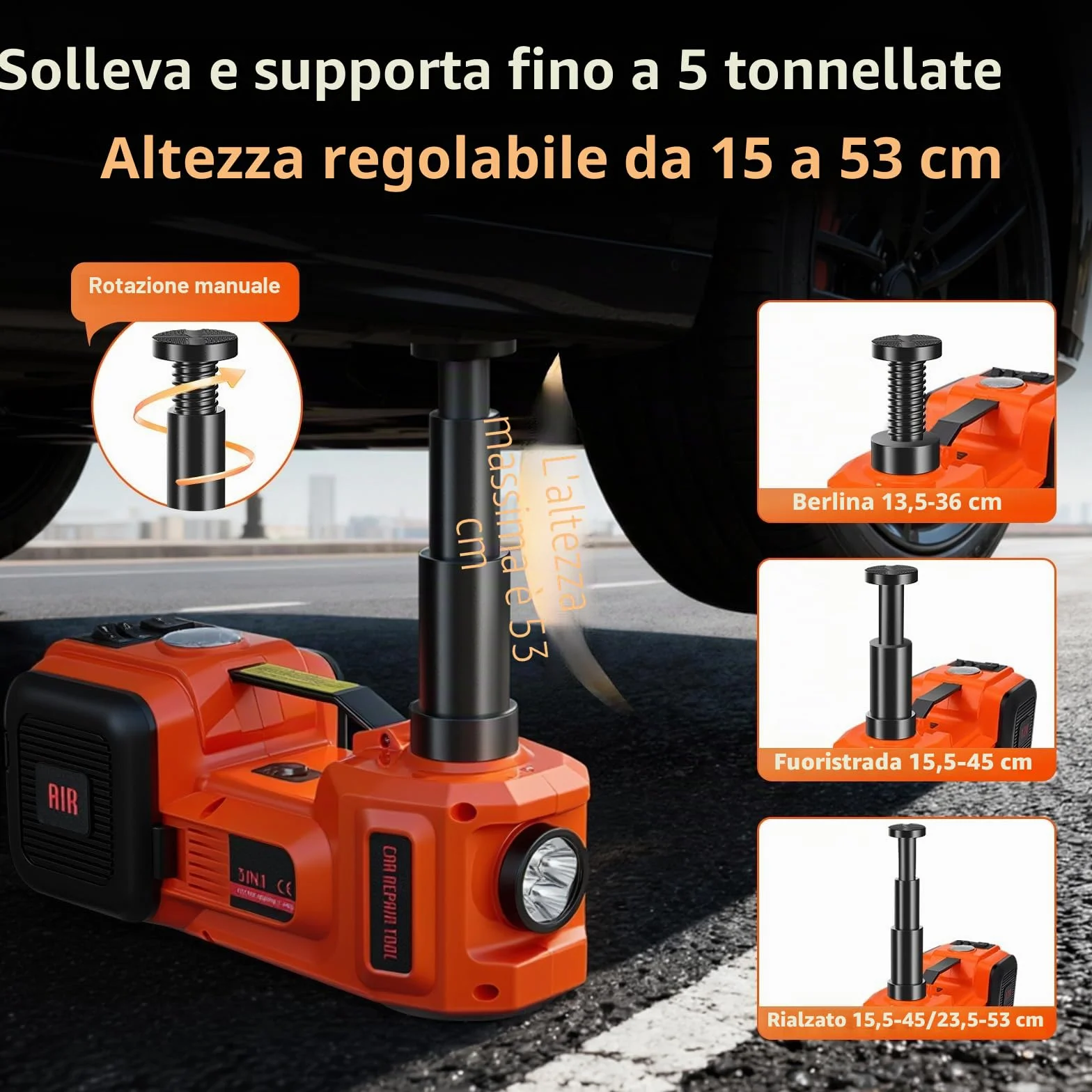 Cric idraulico elettrico 5T 12V 180W con pompa gonfiabile e luce LED 150-540 mm per auto SUV
