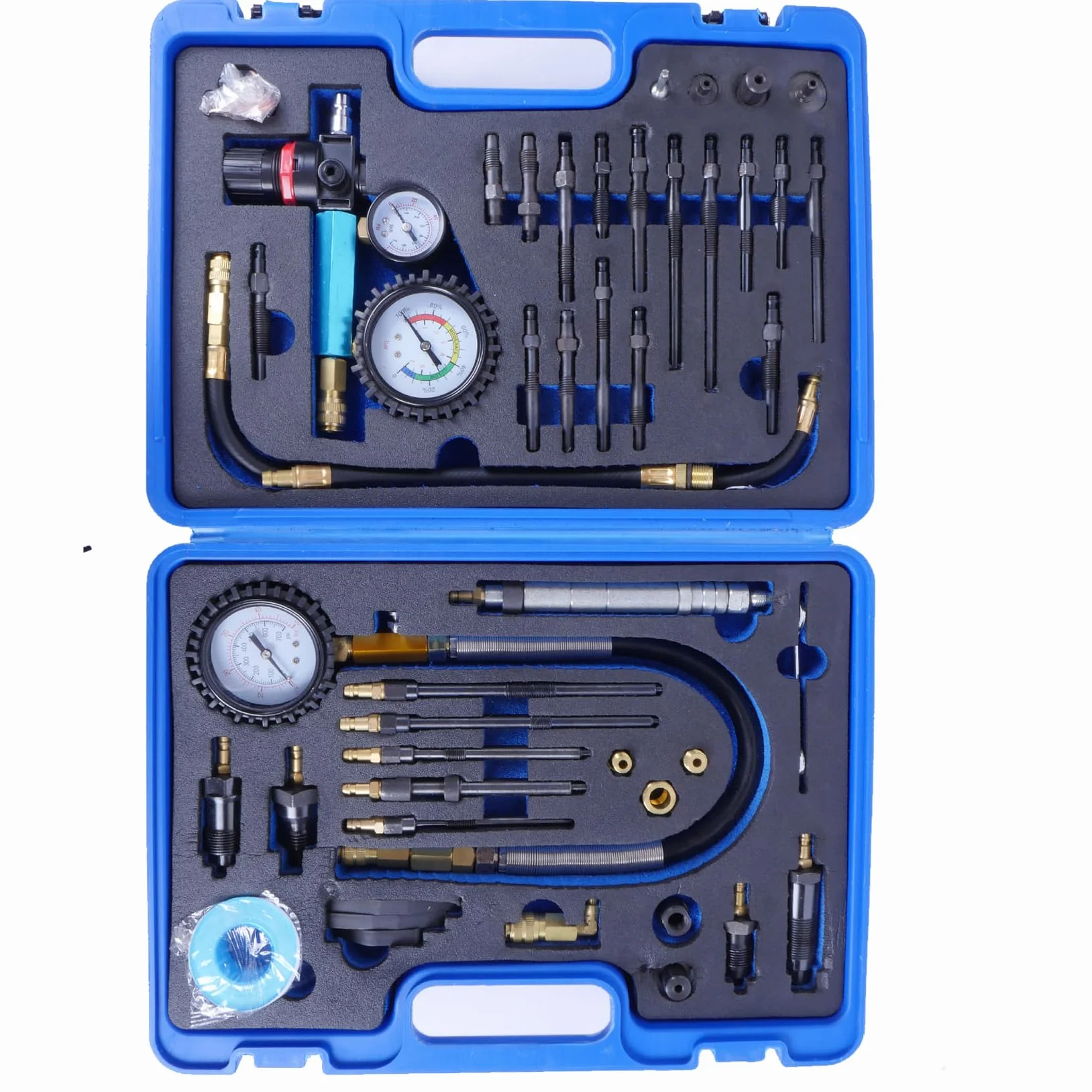 46 Pezzi Tester di Compressione Professionale, Tester di Perdita di Pressione per Motori Diesel e Benzina (blue)