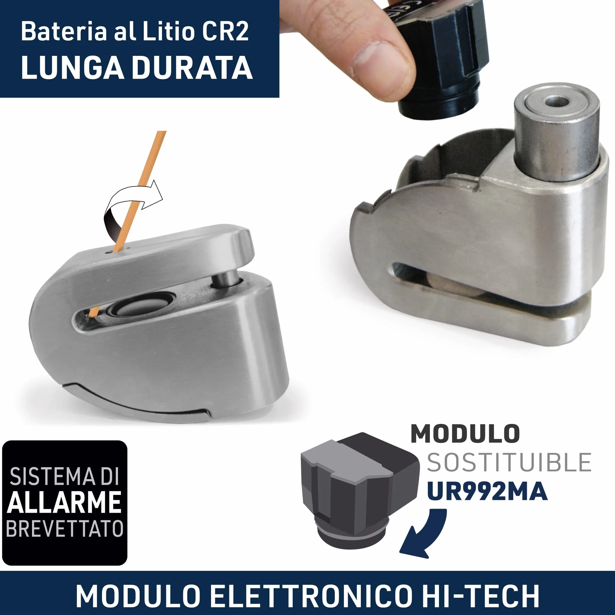 URBAN UR14S Blocca Disco per Moto Senza/Con Allarme Hi-Tech 120dB, Antifurto Moto Omologato SRA Massima Sicurezza, Warning Sensibilità A+, Acciaio Inox, Lucchetto Bloccadisco Doppio Bloccaggio 14mm