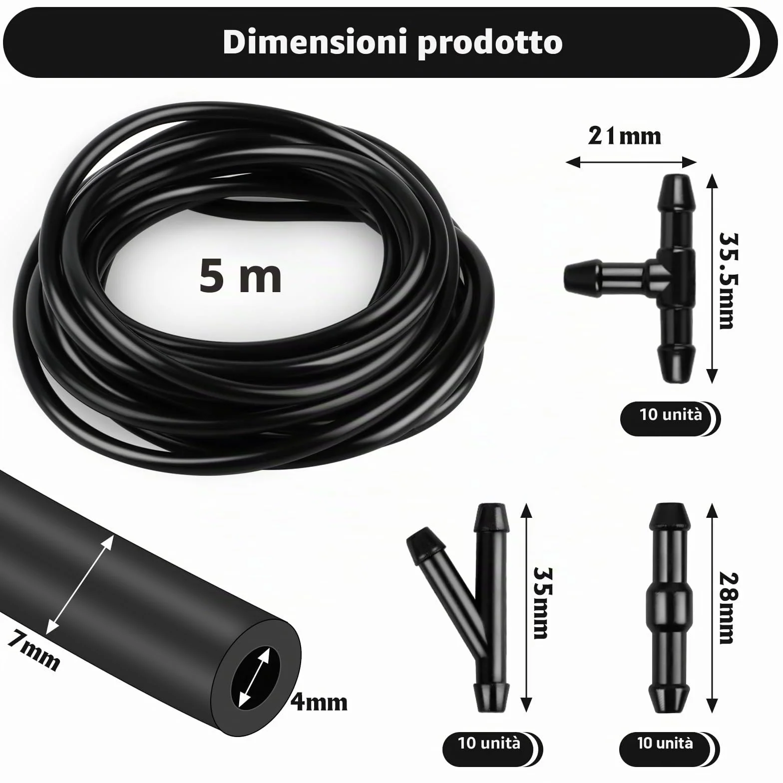 Kit Lavavetri per Parabrezza 5M Tubo Connettori Tergicristalli Auto 30 Pezzi Universali Nero