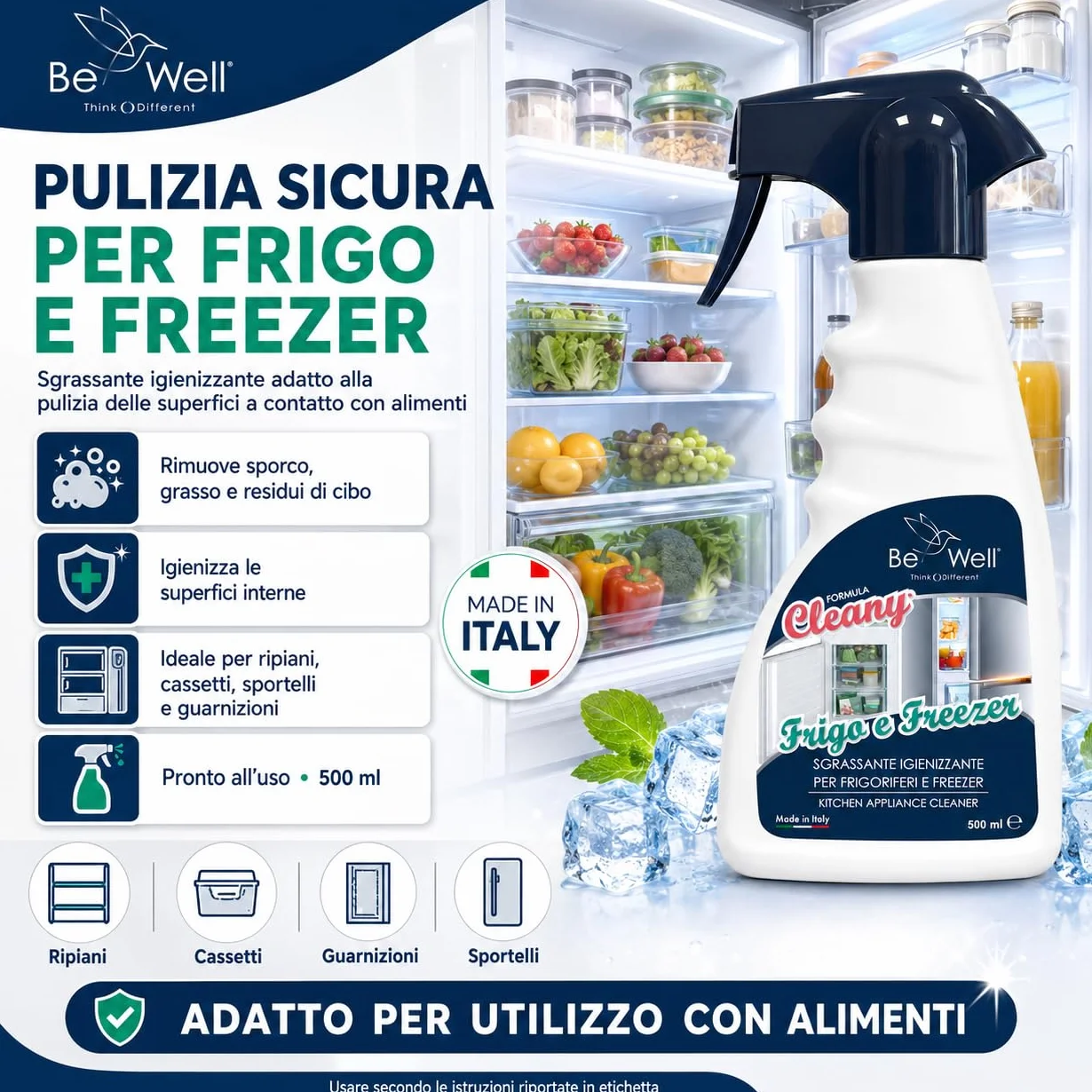 CLEANY Detergente Igienizzante Frigorifero Freezer Spray 500 ml Made in Italy