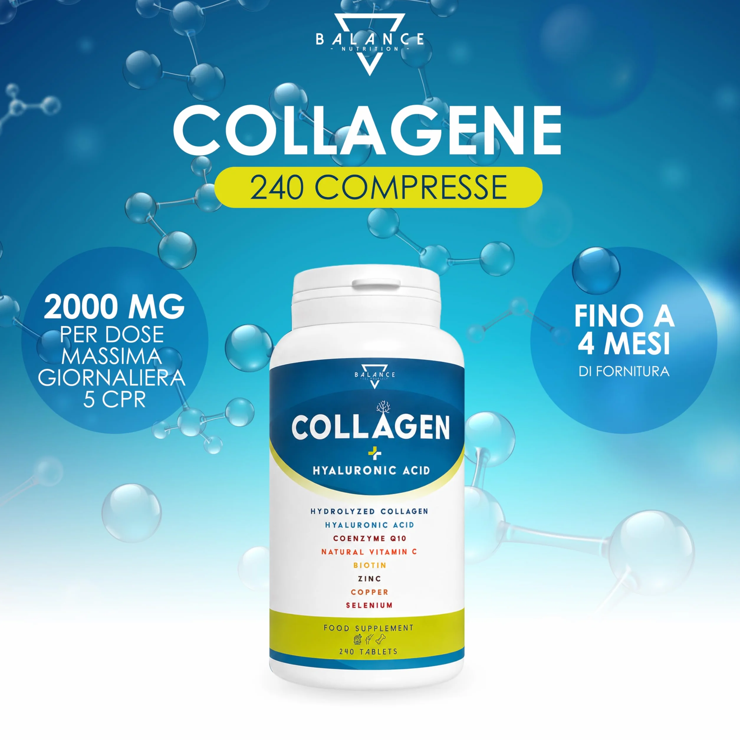 Collagene Idrolizzato 2000mg 240 Compresse con Acido Ialuronico, Coenzima Q10, Vitamina C, Biotina e Zinco
