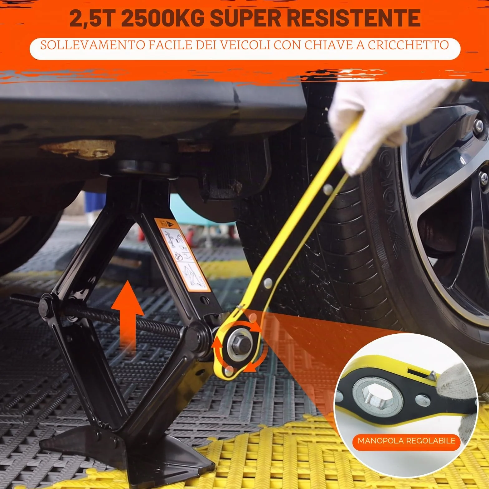 Cric Per Auto 2.5T 2500kg Universale Tampone In Gomma Portatile Con Chiave Per Dadi Ruota Kit Emergenza