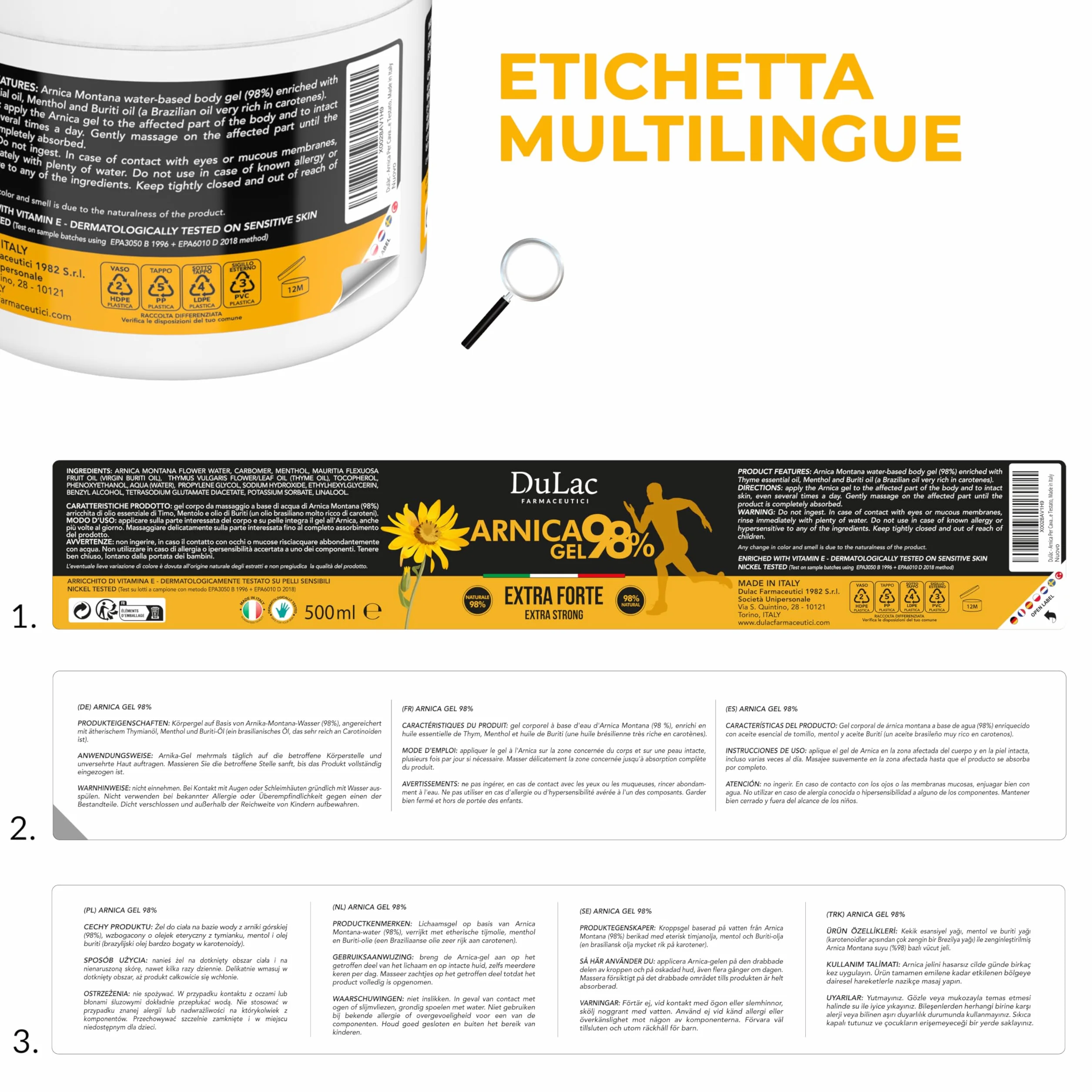 Dulac Arnica Gel Forte 98% 500 ml per Massaggio Muscolare e Articolare con Mentolo e Olio di Buriti Made in Italy