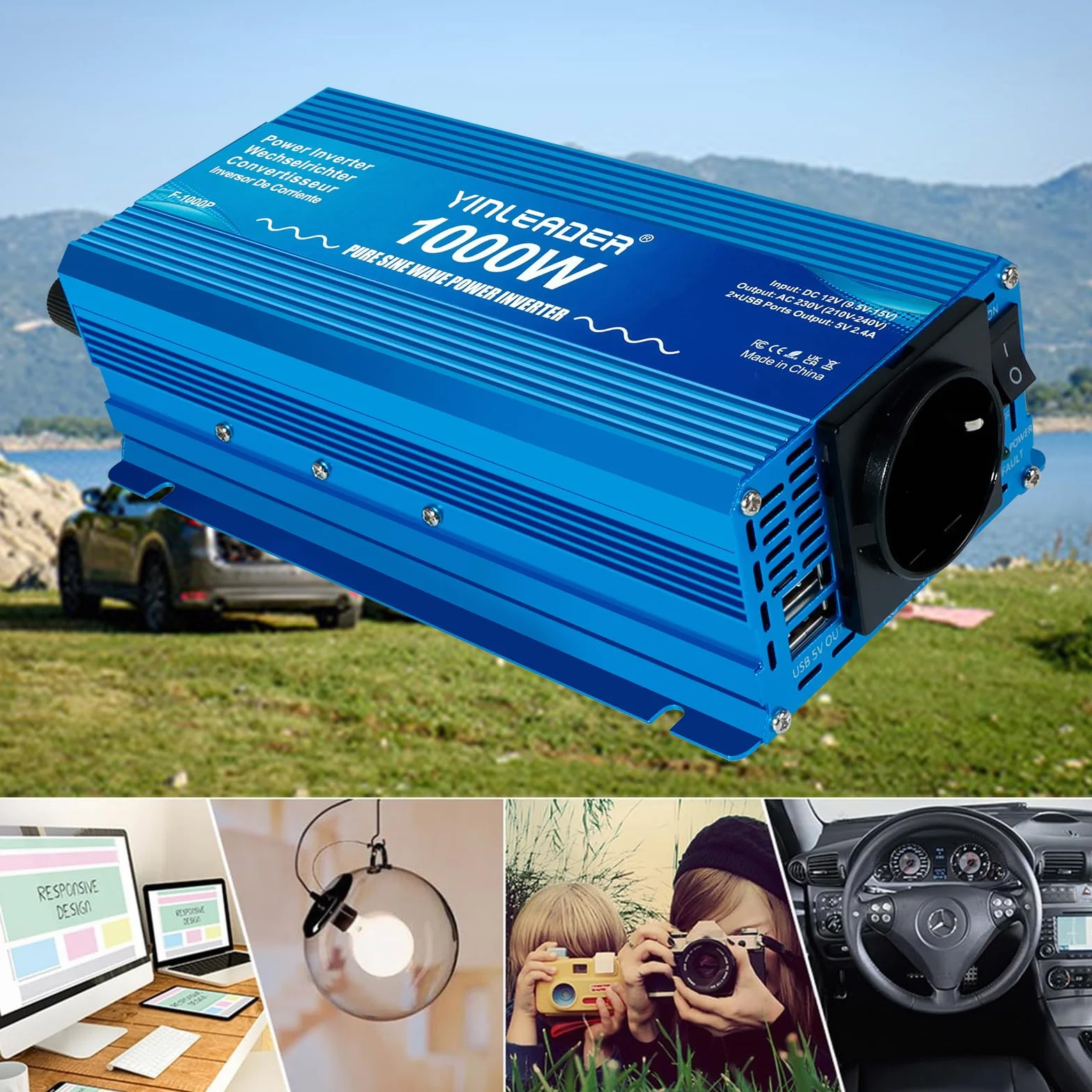 Yinleader 1000W 12V 230V Inverter a Onda Sinusoidale Pura per Camper