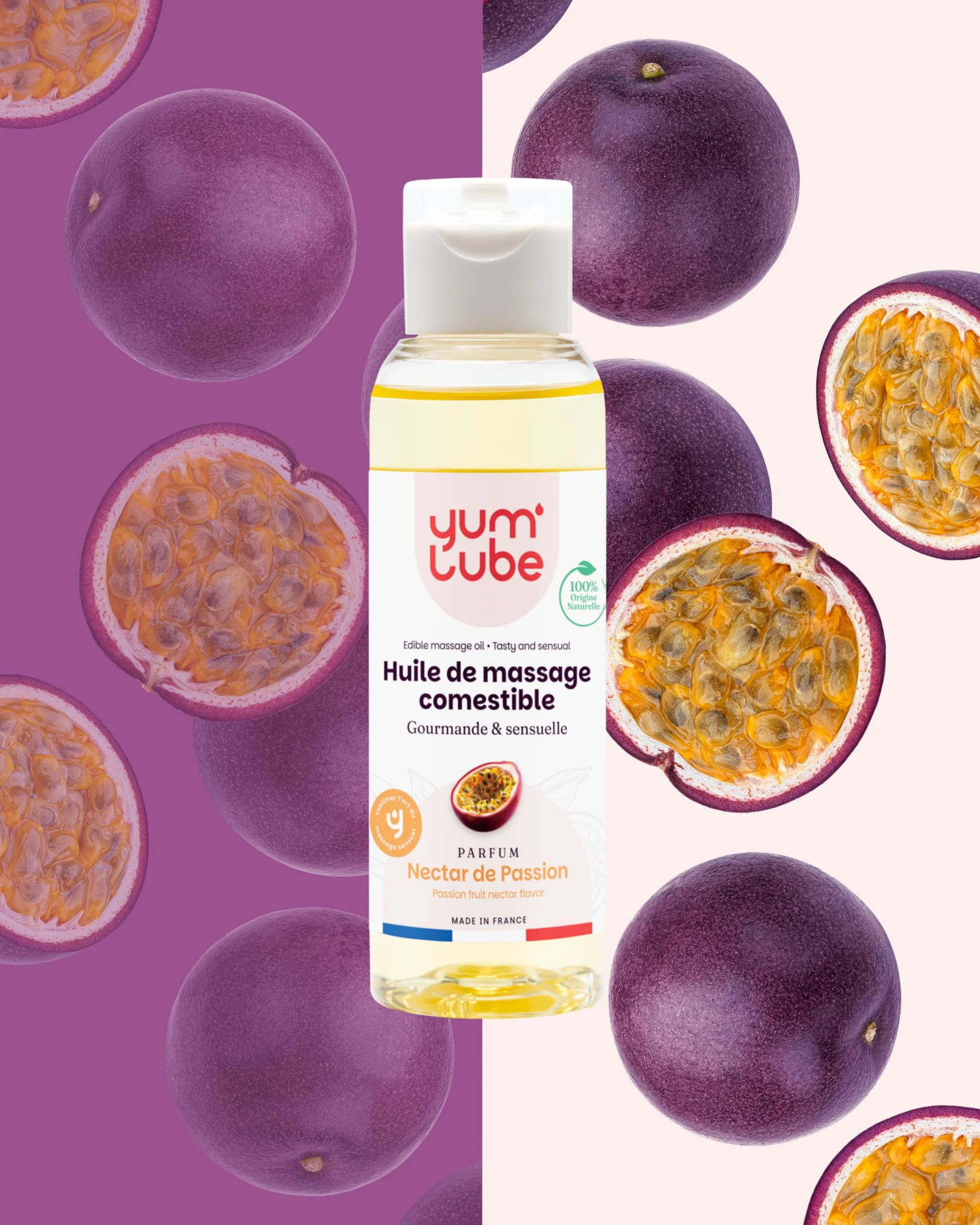 Yum'Lube Olio Massaggio Sensuale Lubrificante al Frutto della Passione 100% Naturale Bio Comestibile Made In France