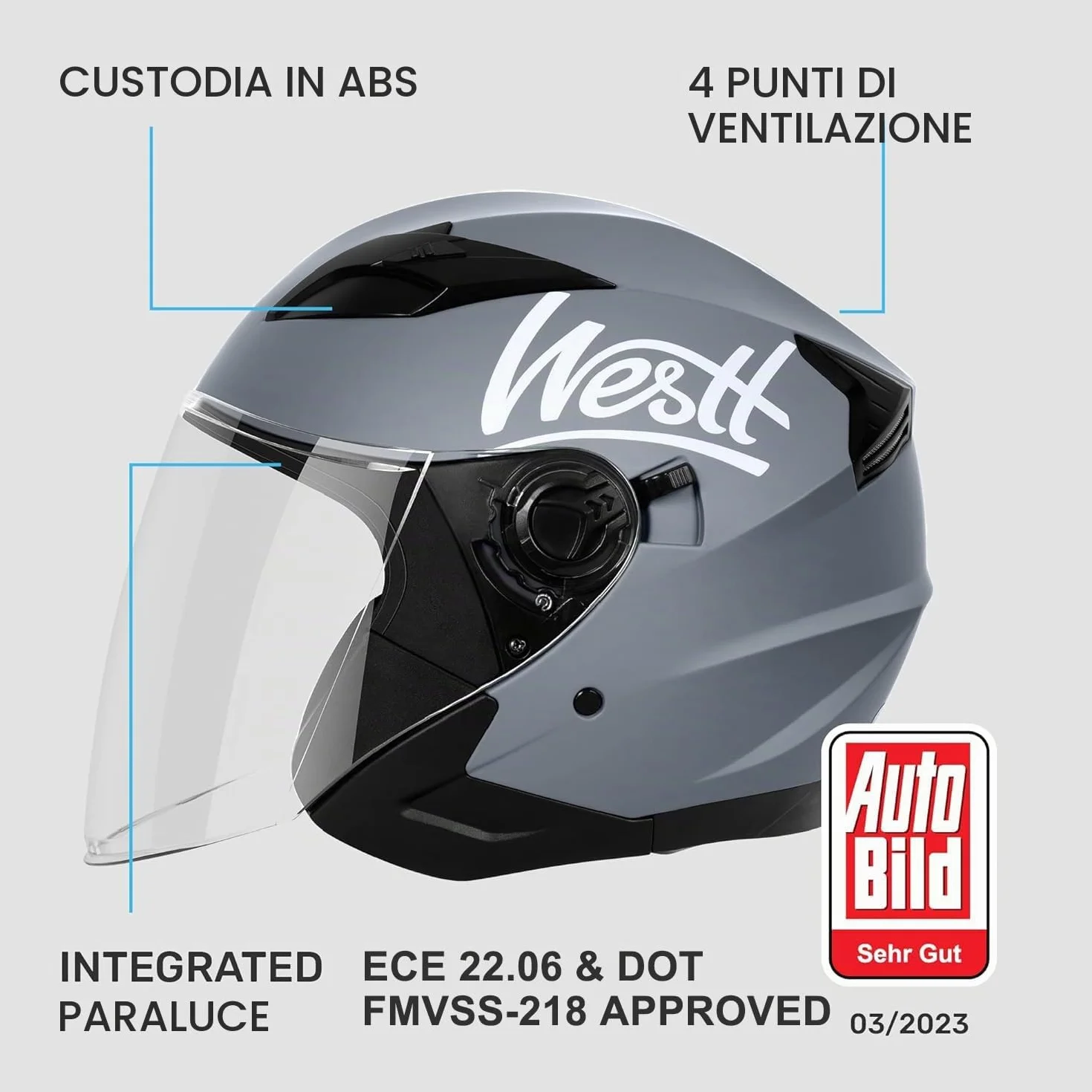 Casco jet Westt doppia visiera omologato ECE 22.06 nero grigio bianco