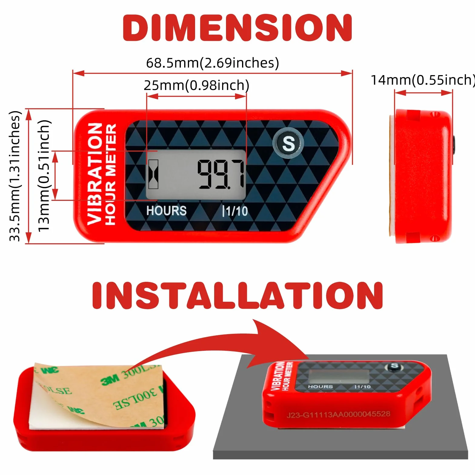 Senza fili Misuratore di ore Azzerabile Digitale Timer manutenzione Impermeabile per Tosaerba Motosega Moto (red)