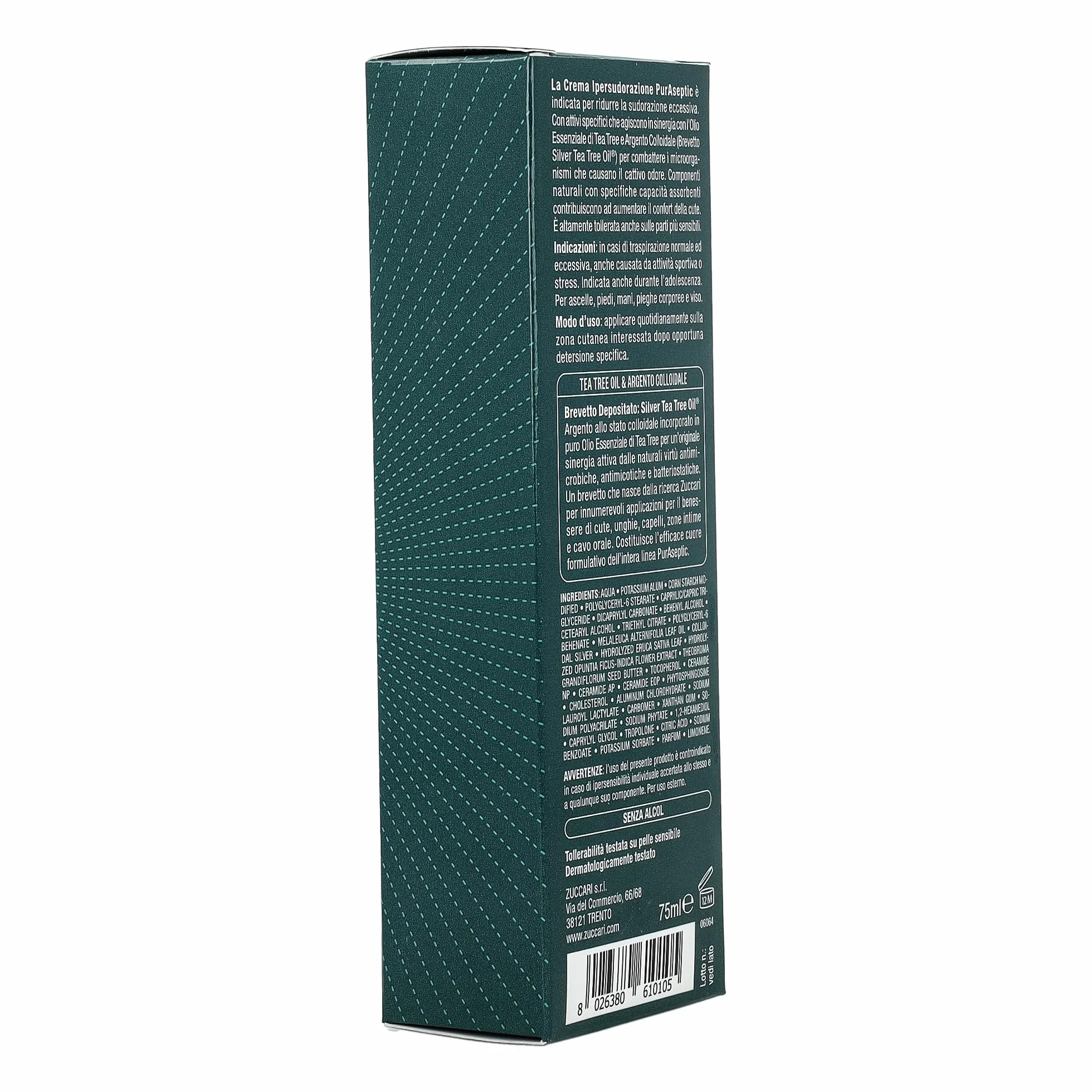 Zuccari PurAseptic Crema Ipersudorazione 75ml Trattamento Sudo-Regolatore con Silver Tea Tree Oil, Tropolone e Allume di Potassio