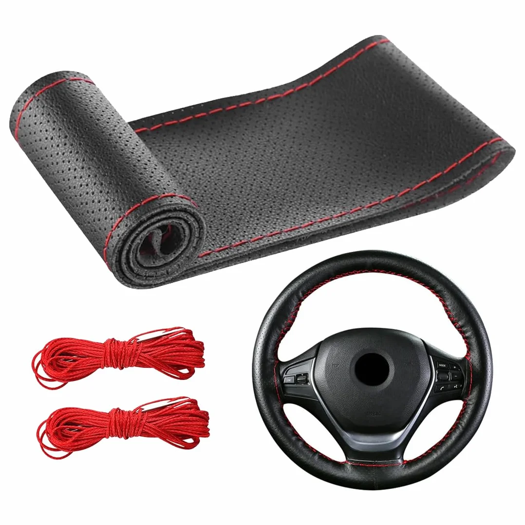 Coprivolante Auto in Pelle da Cucire, Foderatura per Sterzo 38cm con Perforazione Completa e Cucitura Rossa, Kit di Installazione Fai-da-Te per Guida Comoda e Sicura