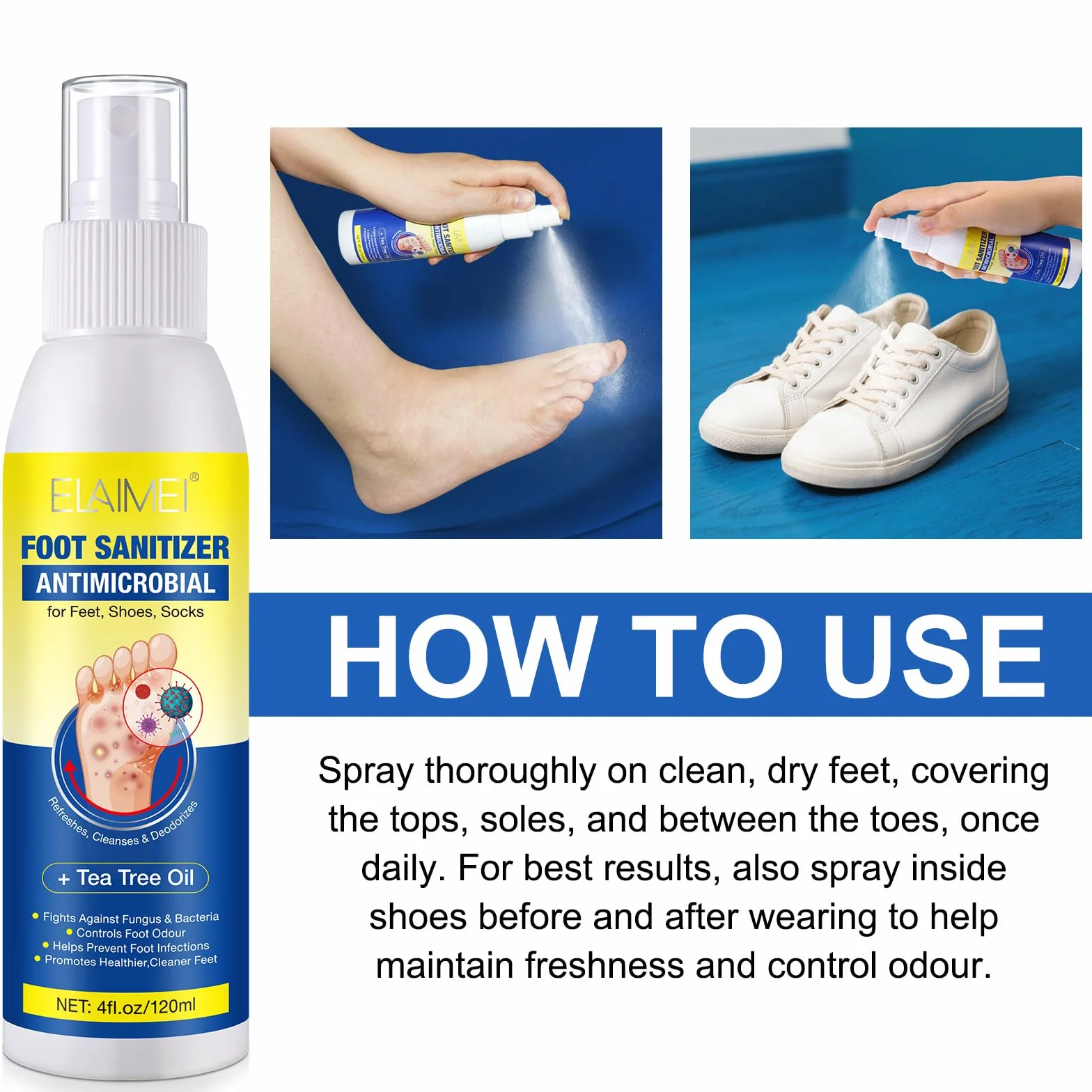 Olio Di Melaleuca Spray Antiodore Per I Piedi 120ml Prevenzione Piede D'Atleta Allevia Prurito