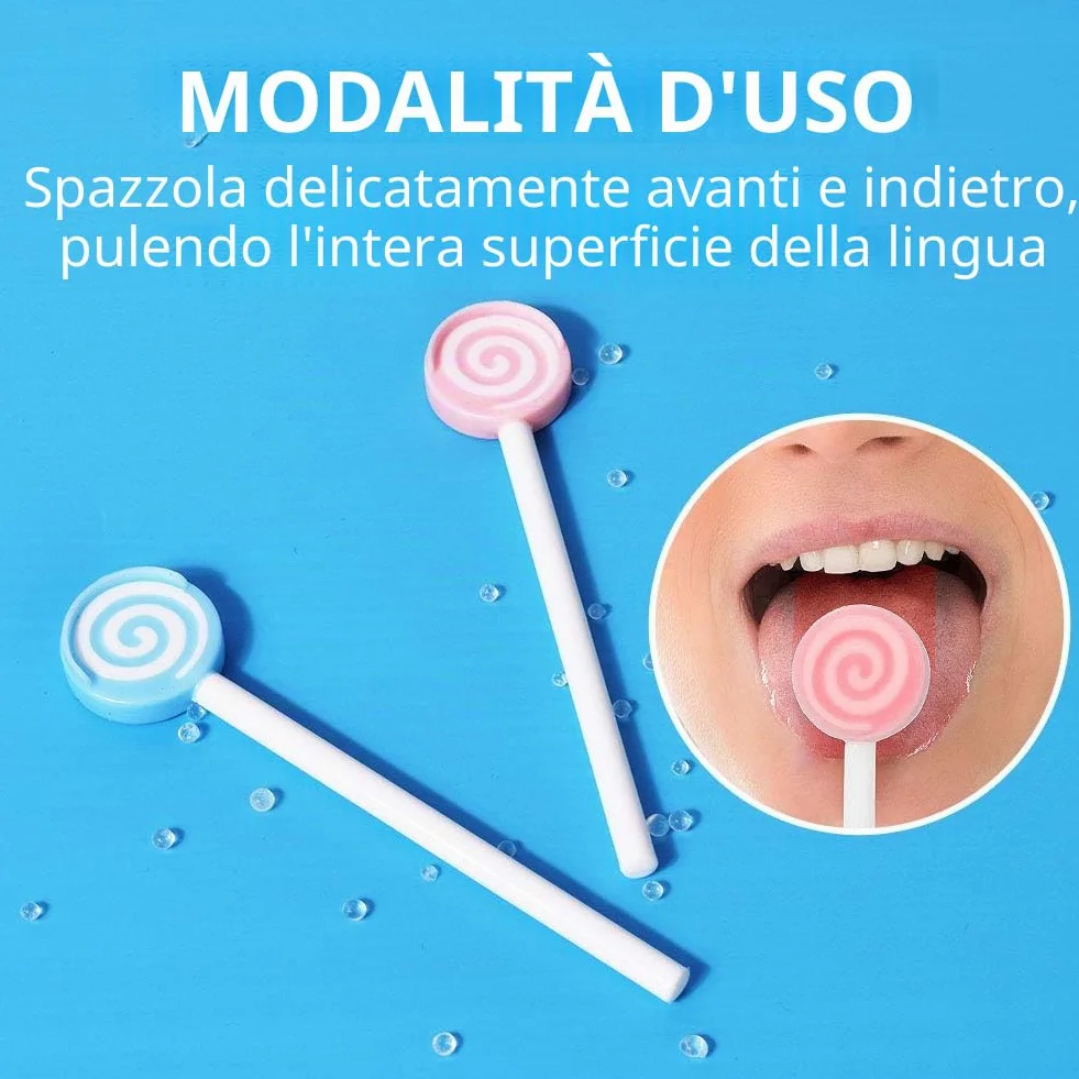 Spazzola per la pulizia della lingua a forma di lecca-lecca per bambini, raschietto lingua, 2 pezzi, rosa, azzurro cielo