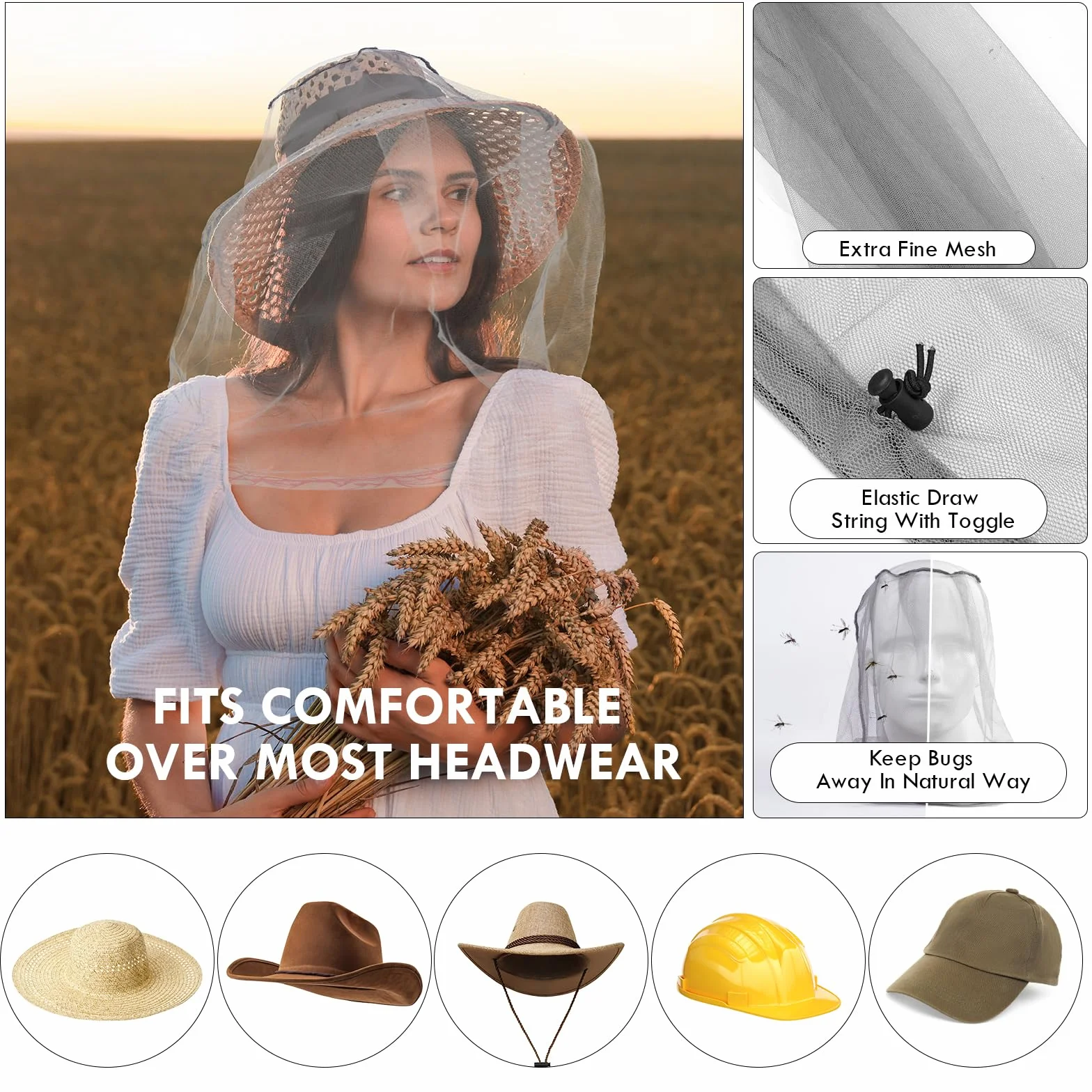 ACWOO Cappello con Zanzariera 2 Pezzi Rete per la Testa Protezione Viso Campeggio Escursionismo