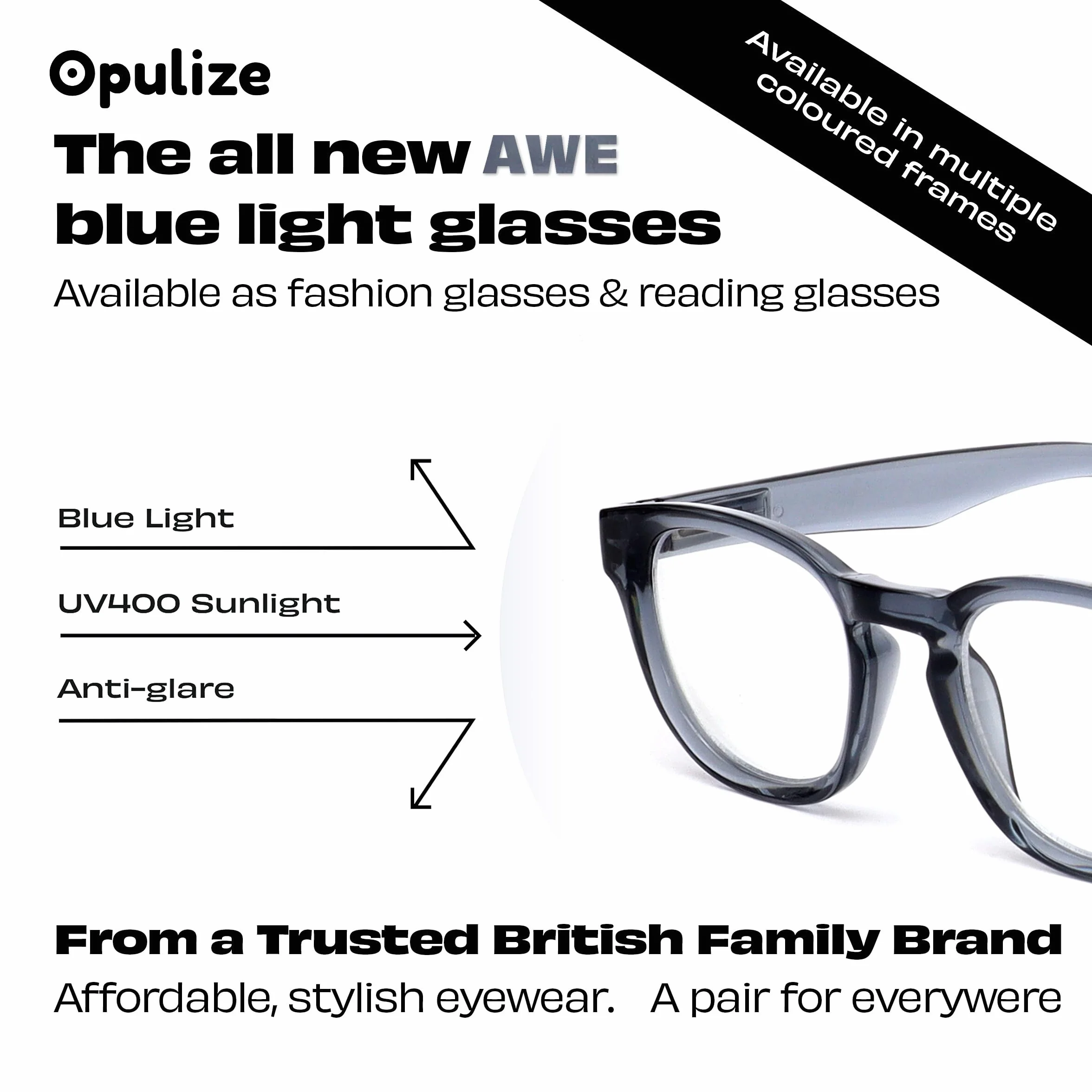 OPULIZE AWE Occhiali luce blu donna uomo Confezione 5 Occhiali da lettura Antibagliore computer gaming Protezione UV Rotondo retrò Nero Blu Verde Grigio Trasparente +2,50
