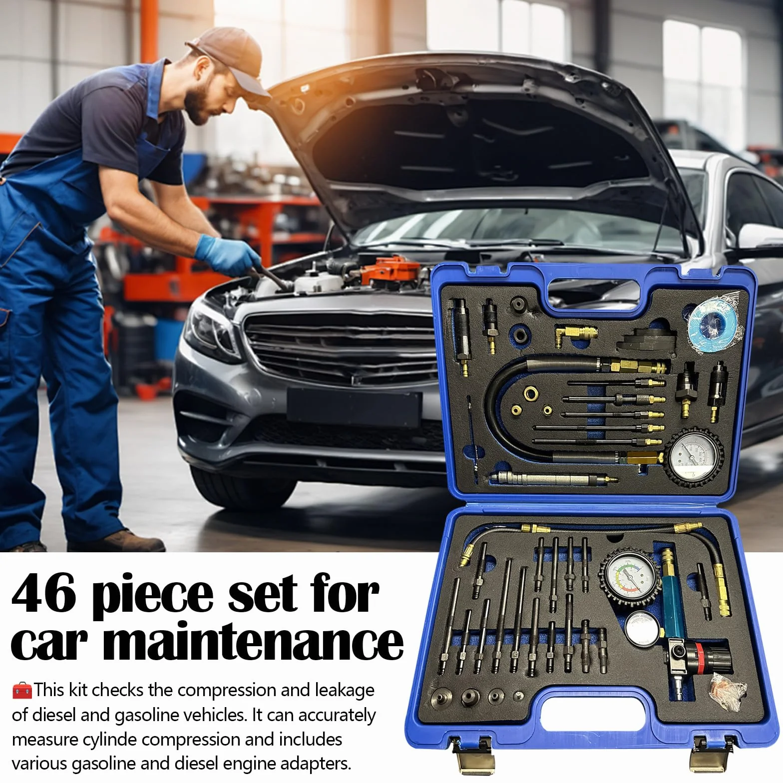 Tester Compressione, 46PCS Tester Compressione Diesel Benzina Perdita Pressione Compatibile Con Motori Diesel Benzina Auto Camion Autobus Motori Navi Agricole