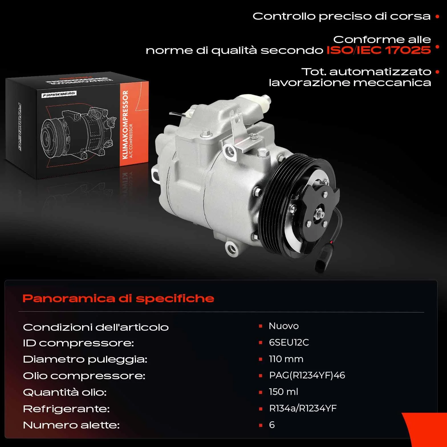 Frankberg Compressore Aria Condizionata Compatibile Golf IV 1J1 Polo 6C1 6R1 Fabia I 6Y2 Ibiza III 6L1 5J 6Q0820803Q