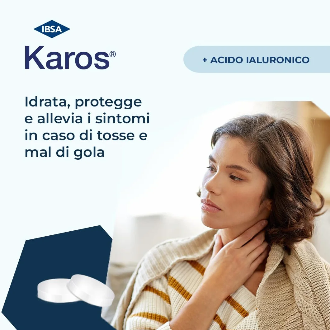 Karos Gola Pastiglie Acido Ialuronico Carbomer Xanthan Gum Mucosa Orale Infiammata Mal di Gola Tosse Secca