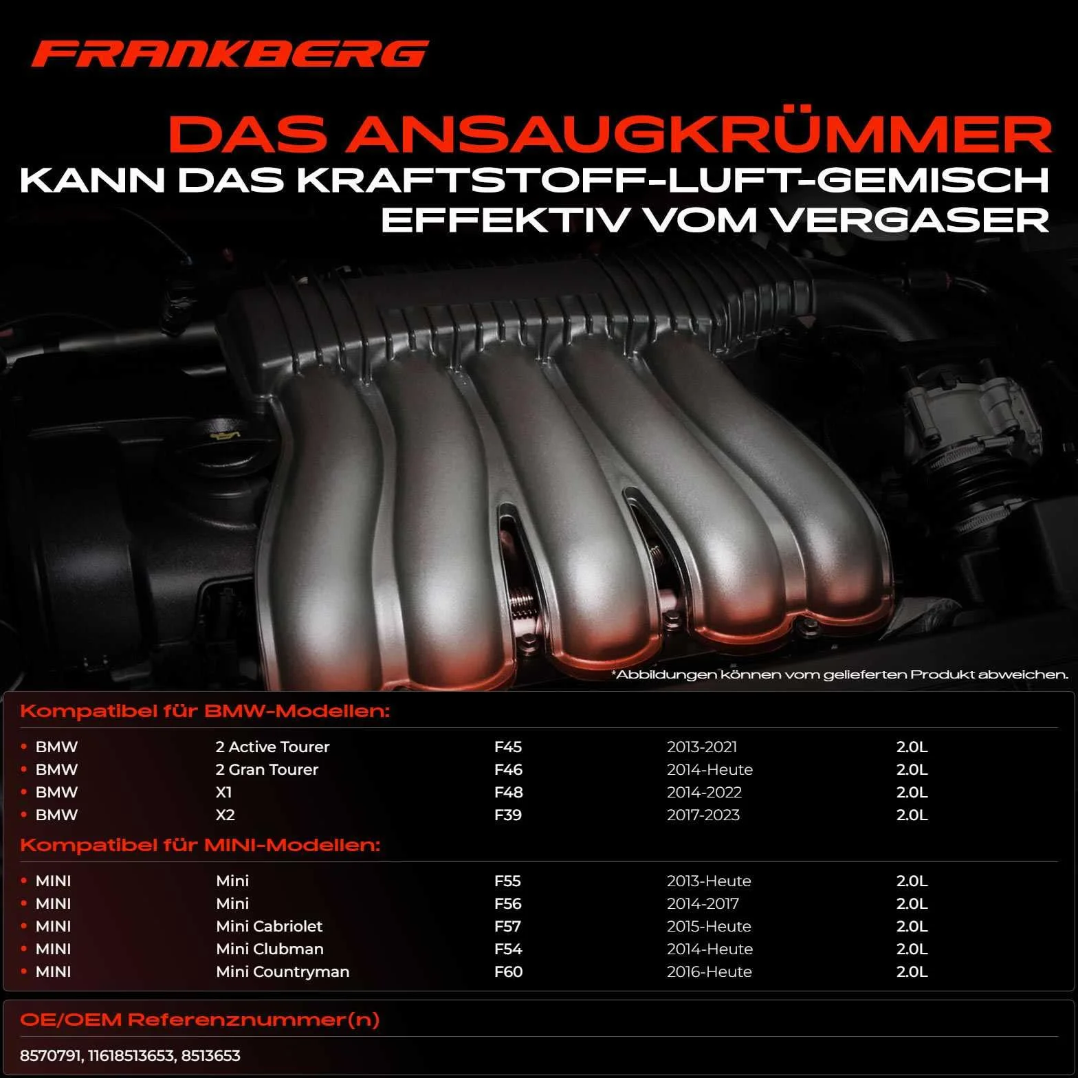 Frankberg Collettore di aspirazione Compatibile con M.i.n.i F56 M.i.n.i Countryman F60 X1 F48 2 Active Tourer F45 M.i.n.i Cabriolet F57 X2 Replace# 11618513653