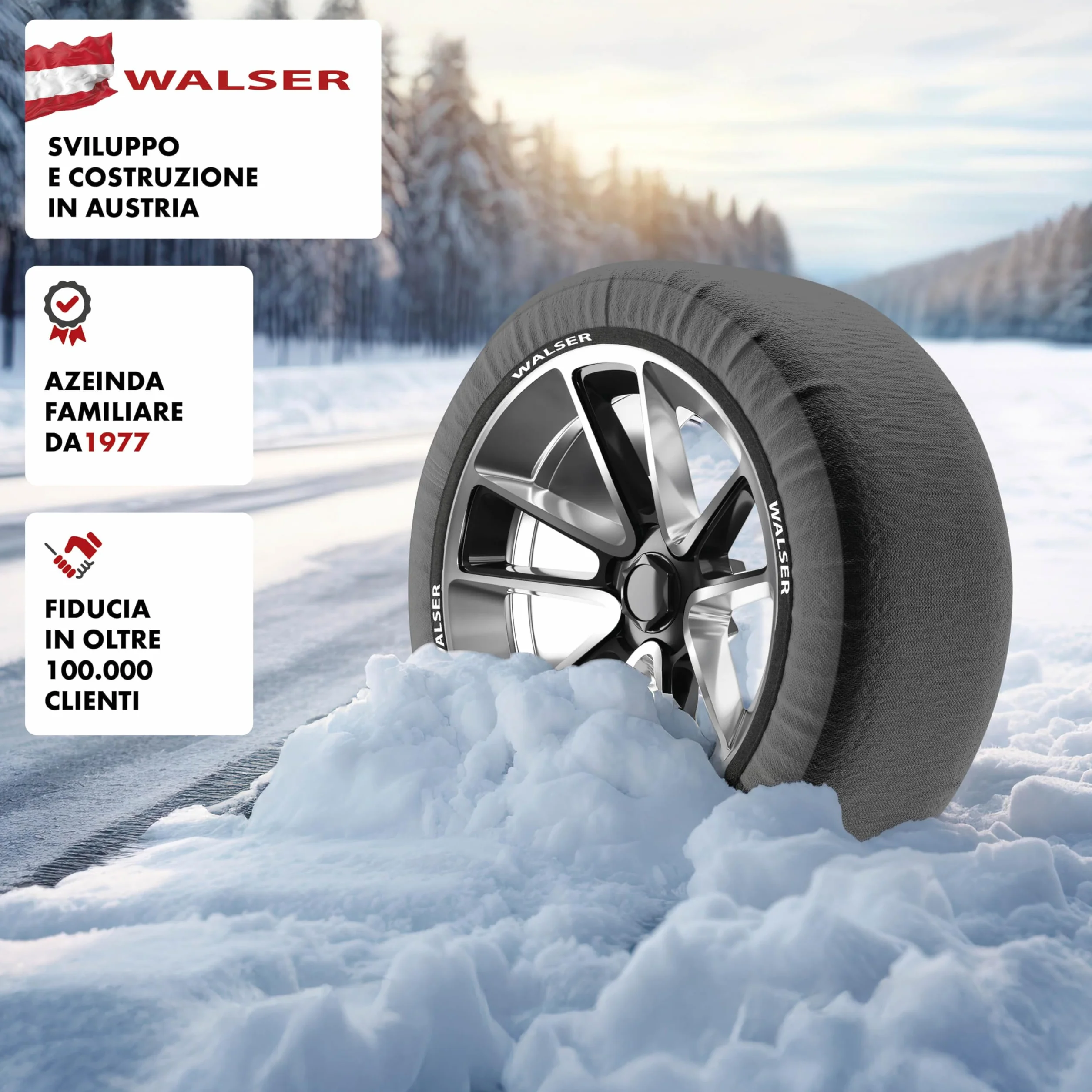 WALSER Premium Calze da Neve Omologate Italia EN 16662-1, Set di 2 Catene Invernali per Auto Grigio/Nero, Snow Sock R13-R22 XL