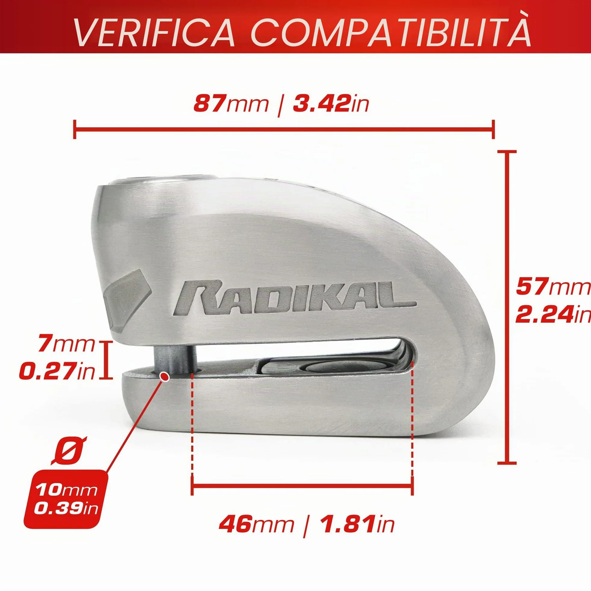 RADIKAL RK910S Bloccadisco Moto con Allarme 120dB ON/OFF, Omologato SRA et Sold Secure, Serratura Alta Sicurezza a Doppia Chiusura 10mm, Batteria Lunga Durata, Acciaio Inox, Antifurto Lucchetto Moto