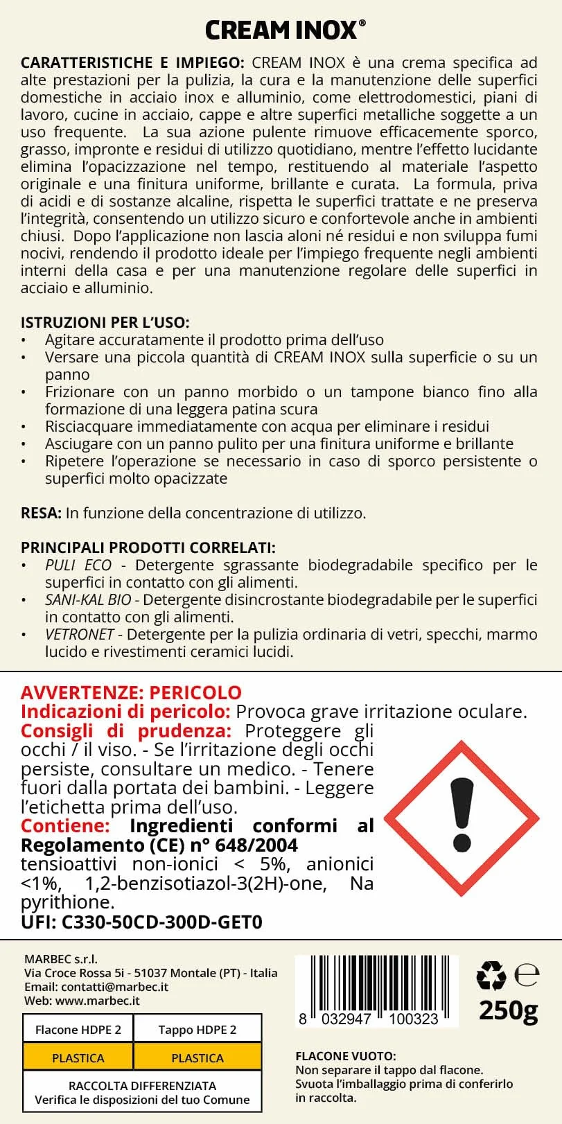 Marbec Crema Lucidante Inox 250g Pulisce Sgrassa Acciaio Alluminio