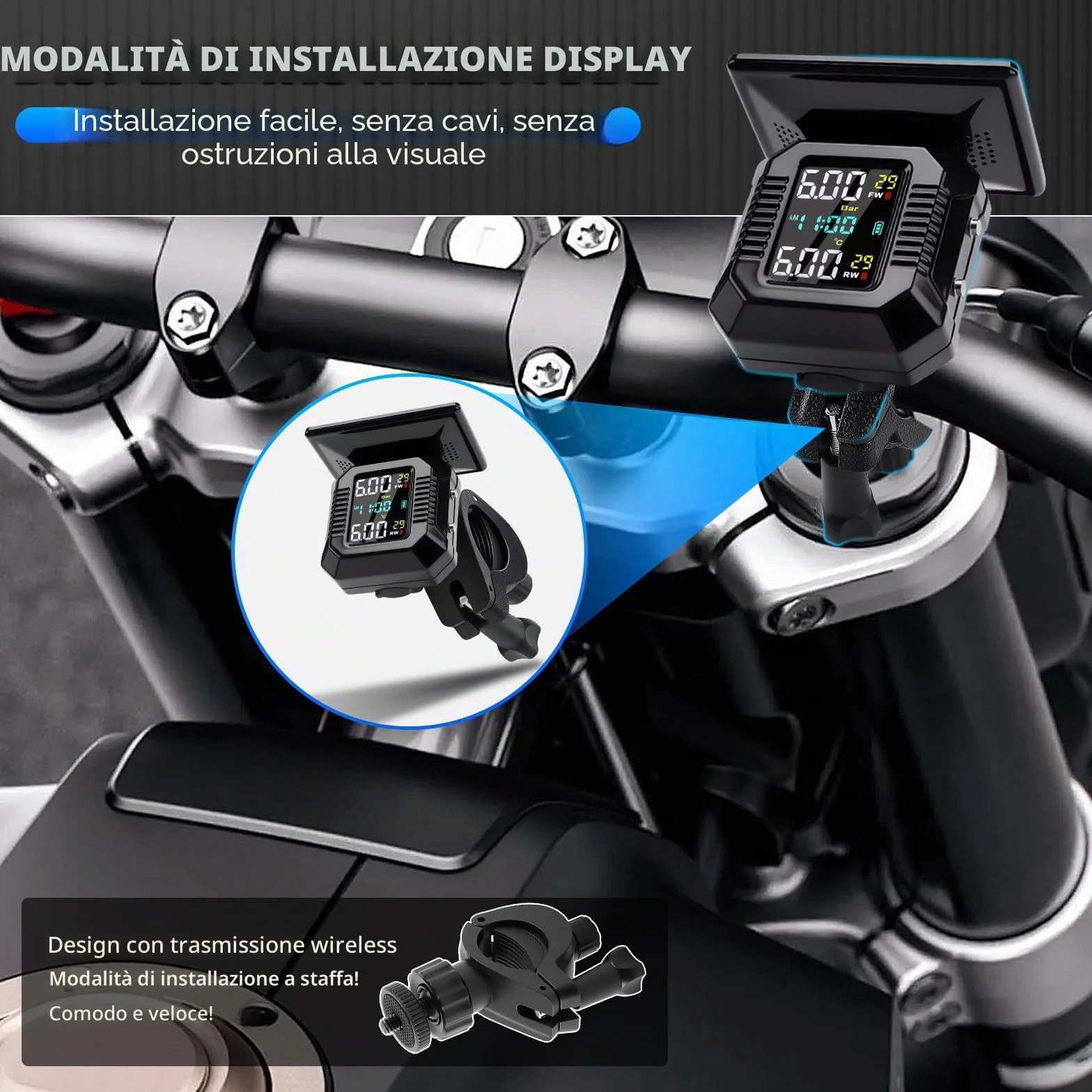 KAOLALI TPMS Moto Wireless Ricarica Solare USB Display LCD 2 Sensori Esterni Impermeabili