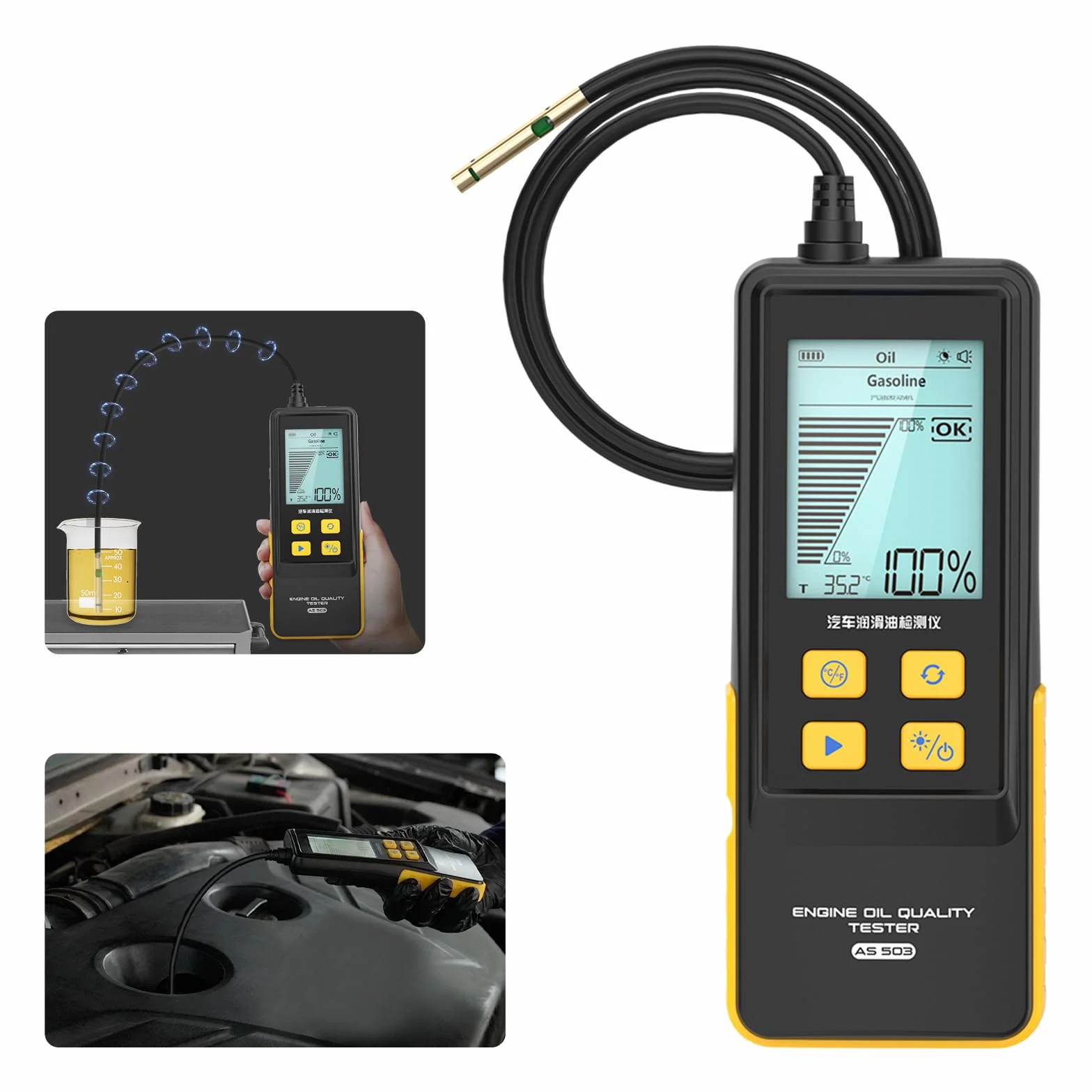 AS503 Kit tester olio motore, kit di test di qualità per olio motore benzina e diesel, rilevatore di trasmissione e temperatura con sonda flessibile da 31,5 pollici, display retroilluminato da 2,8