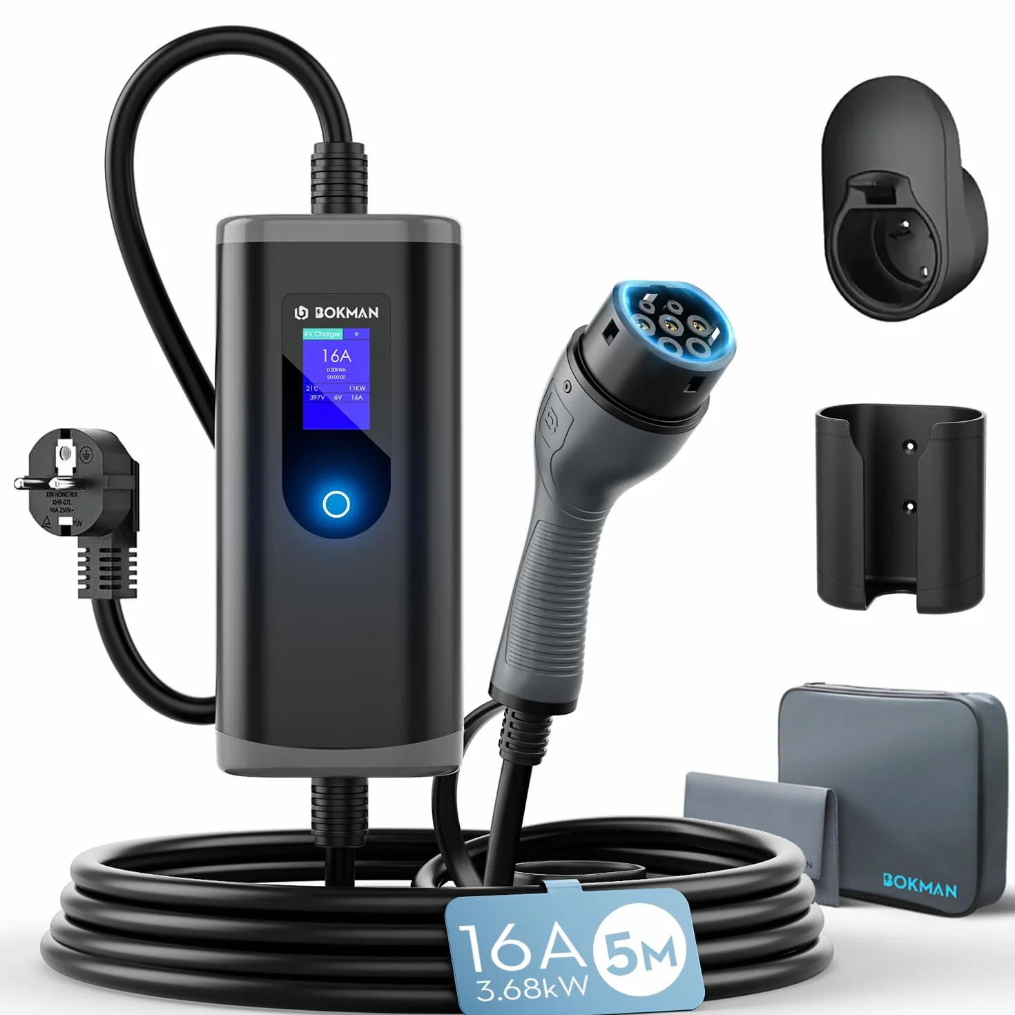Bokman Colonnina Ricarica Auto Elettrica 3,68kW 5m Wallbox Tipo 2 Schuko 6-16A Compatibile E-208 Zoe Spring 500e Modello 3&Y BEV